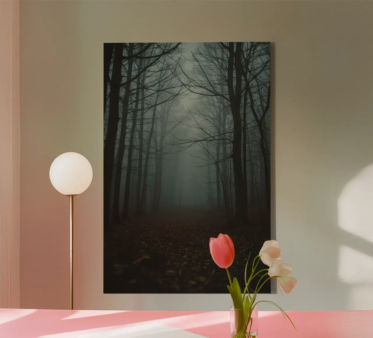 Foggy Forest Path with Bare Trees and Fallen Leaves canvas with Floater frame by DesignDoodle