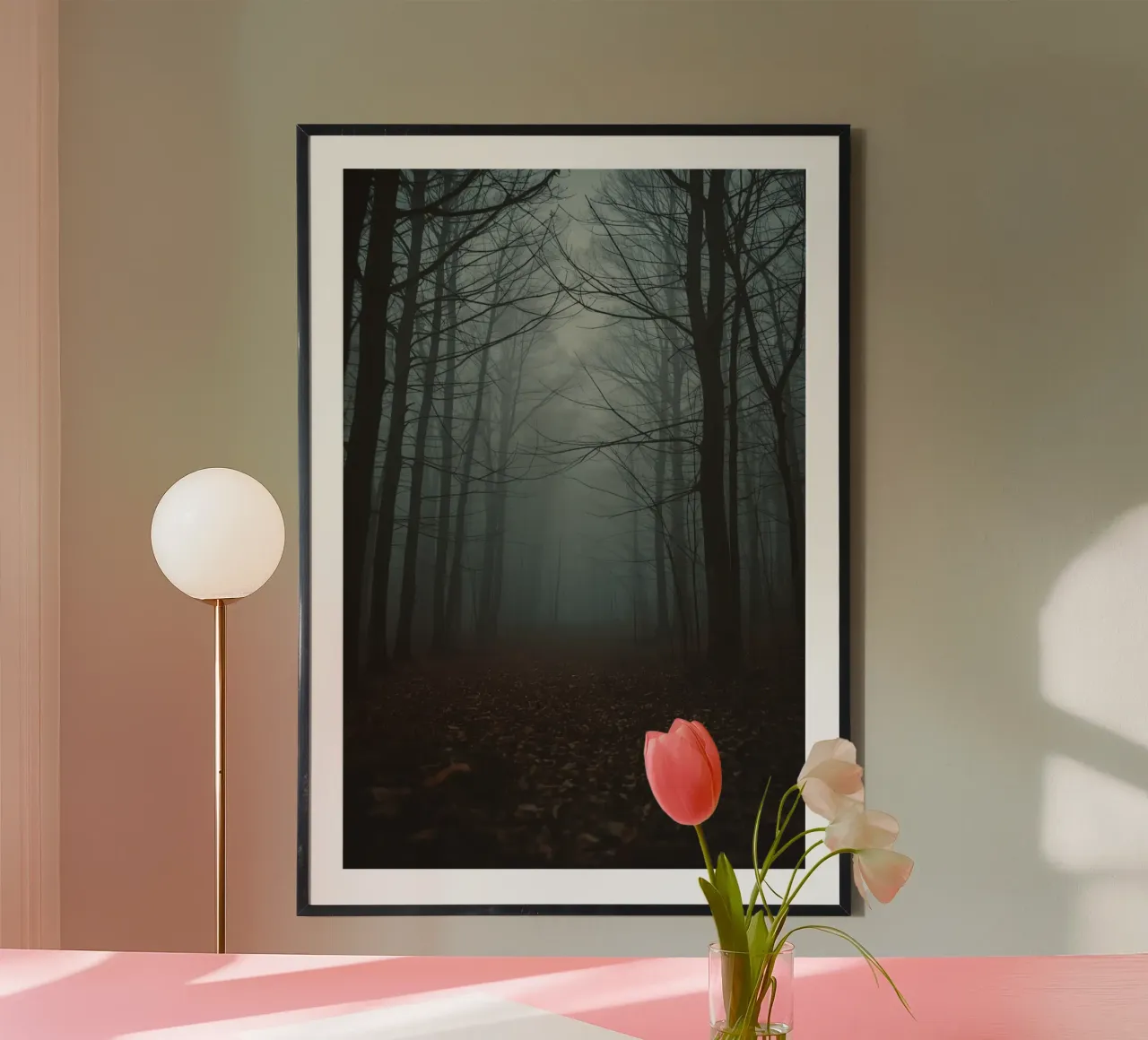 Sentiero forestale nebbioso con alberi spogli e foglie cadute poster da DesignDoodle