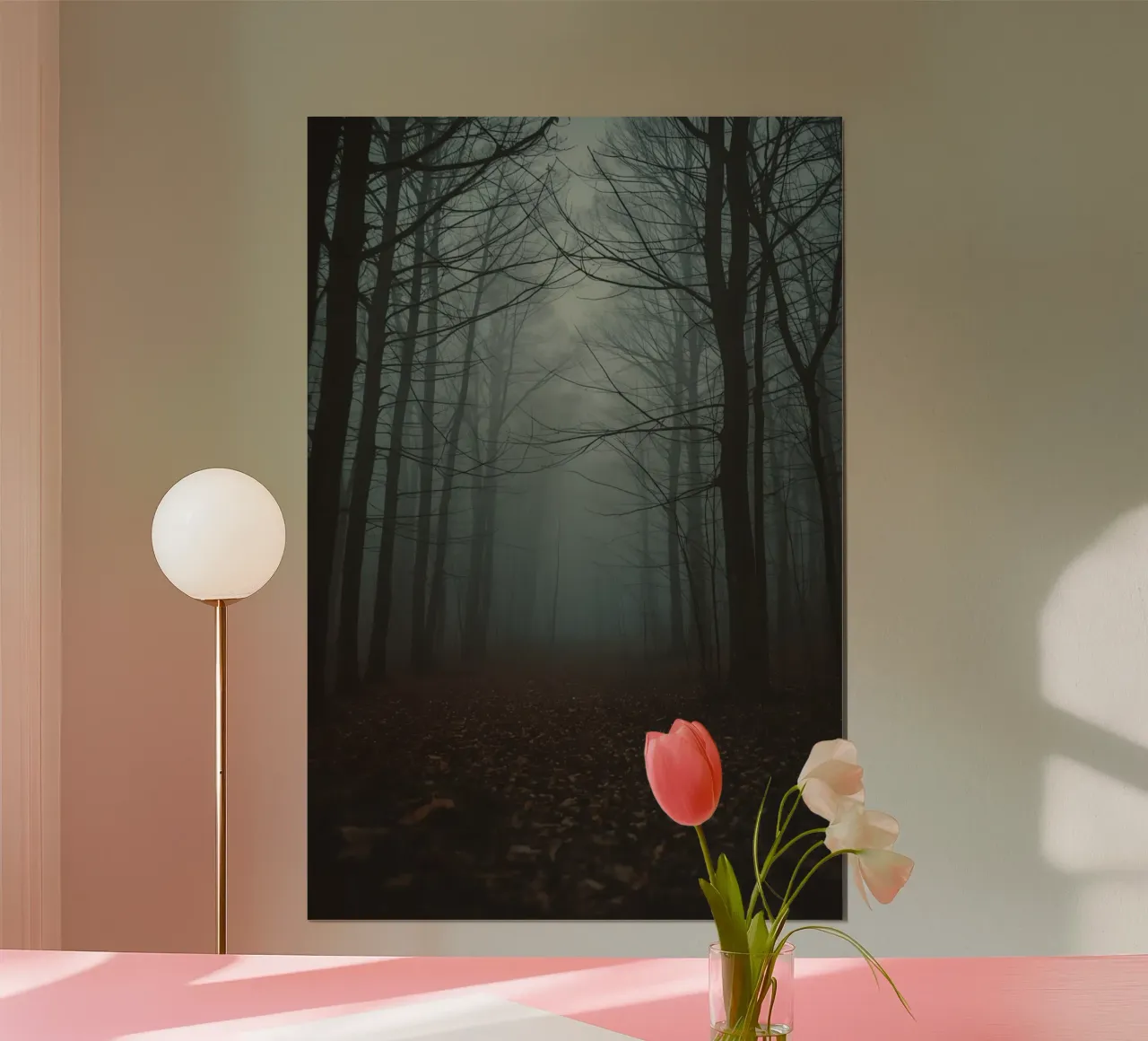 Sentiero forestale nebbioso con alberi spogli e foglie cadute poster da DesignDoodle