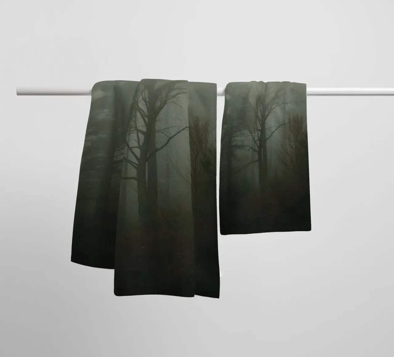 Foggy Forest with Pine and Bare Trees towel by DesignDoodle
