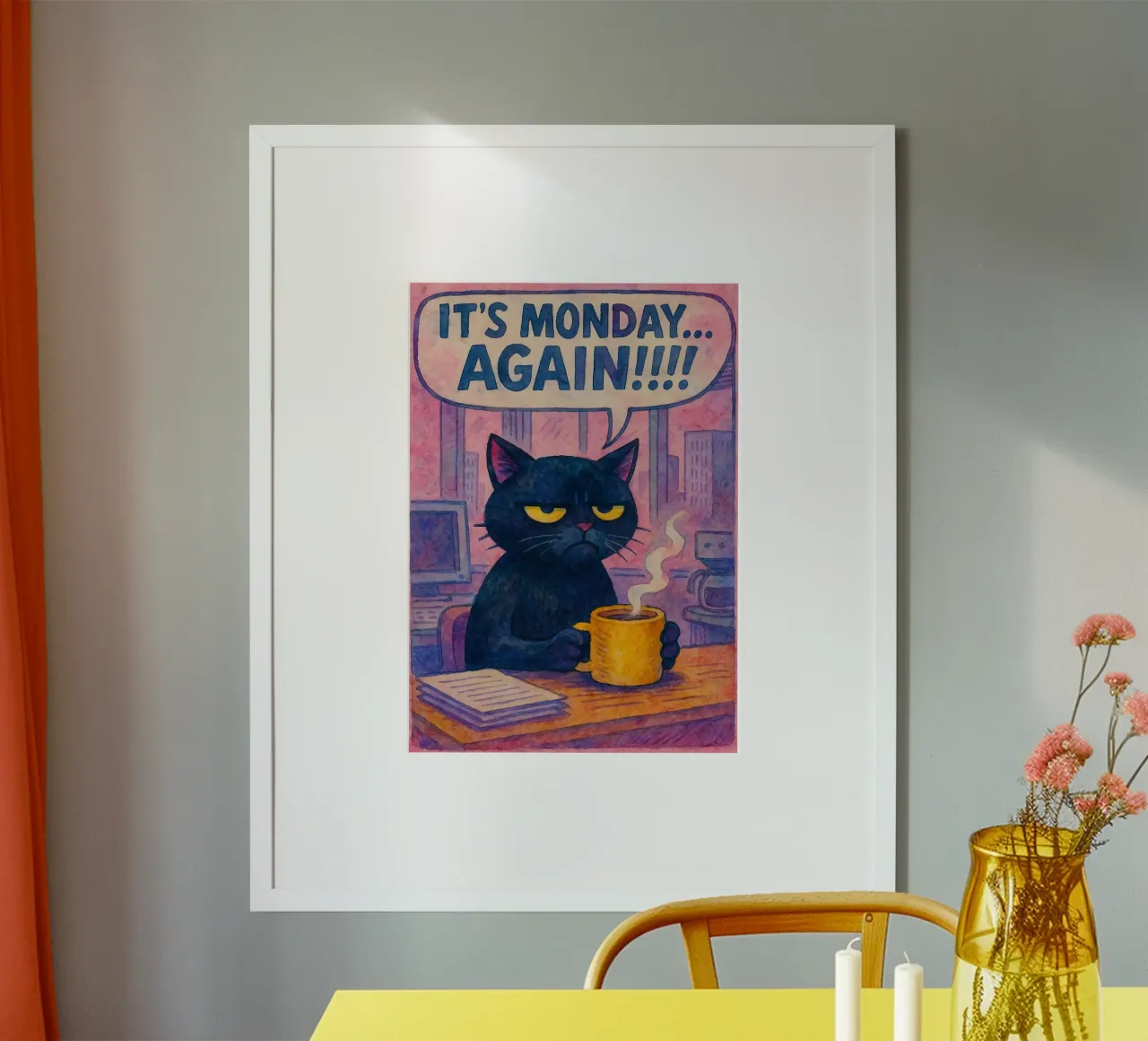 disegno parodico del gatto che è di nuovo lunedì poster con telaio in legno da hexis