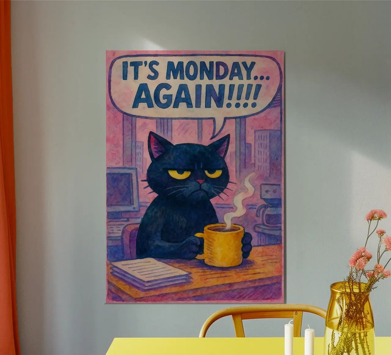 disegno parodico del gatto che è di nuovo lunedì poster con telaio in legno da hexis