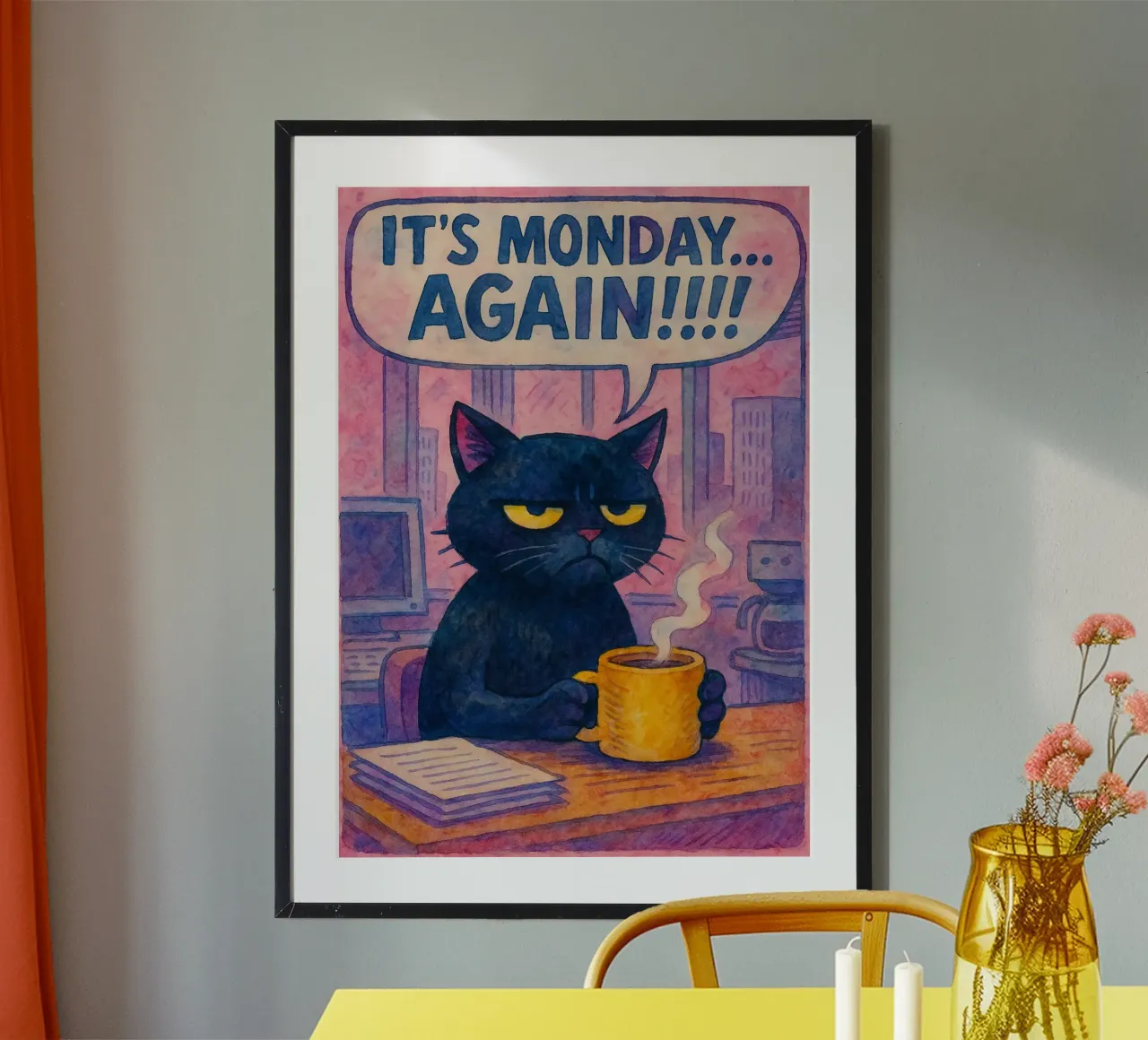 disegno parodico del gatto che è di nuovo lunedì poster con telaio in legno da hexis