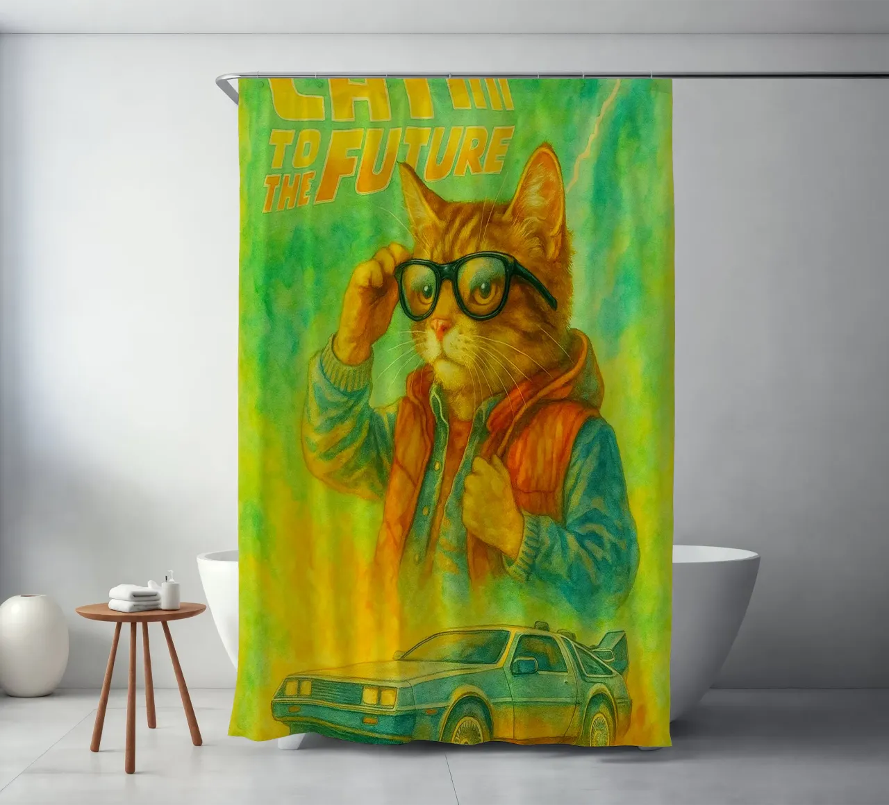 disegno parodico di Cat to the future tenda da doccia da hexis