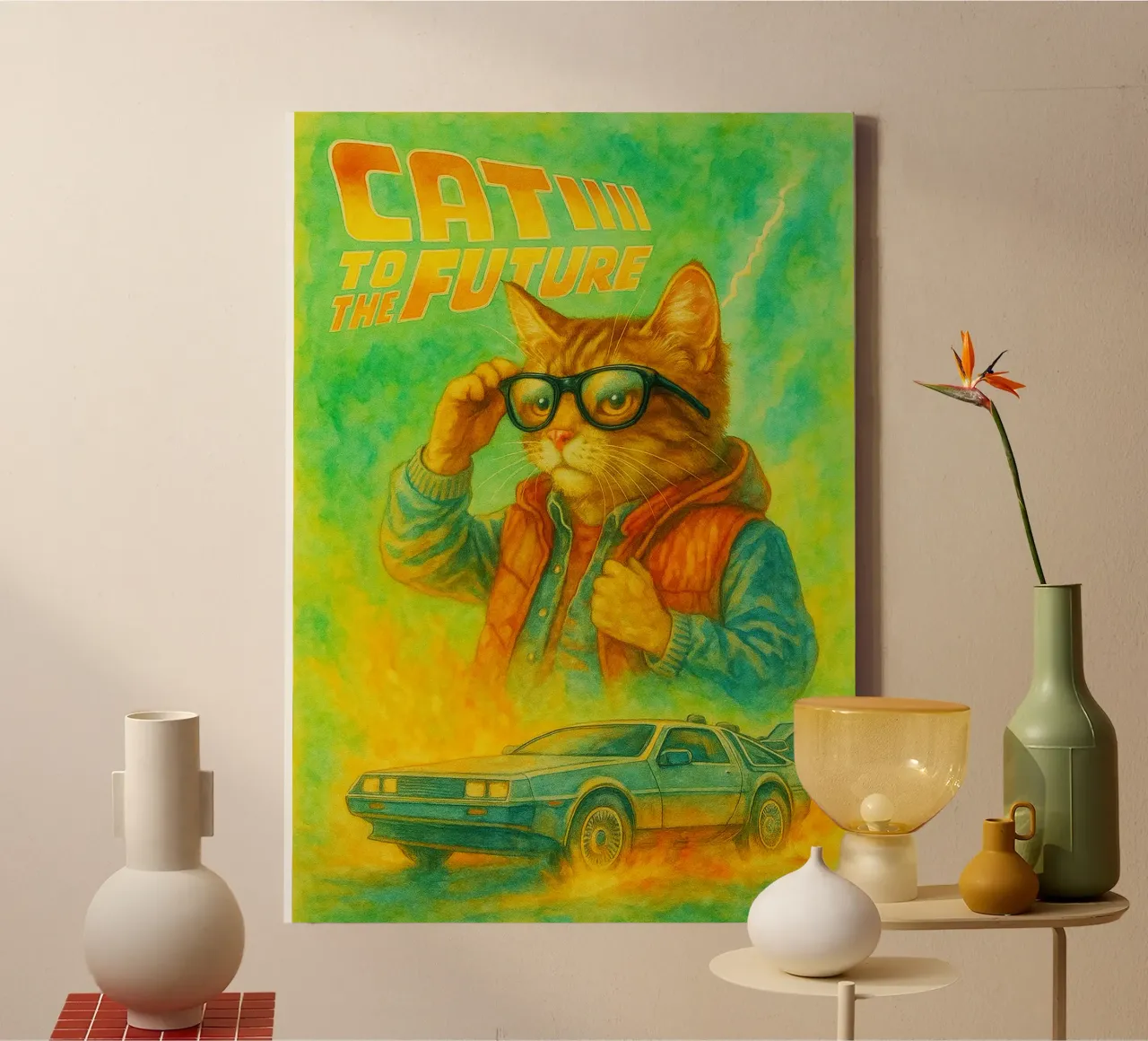 disegno parodico di Cat to the future tela con Cornice a cassetta da hexis