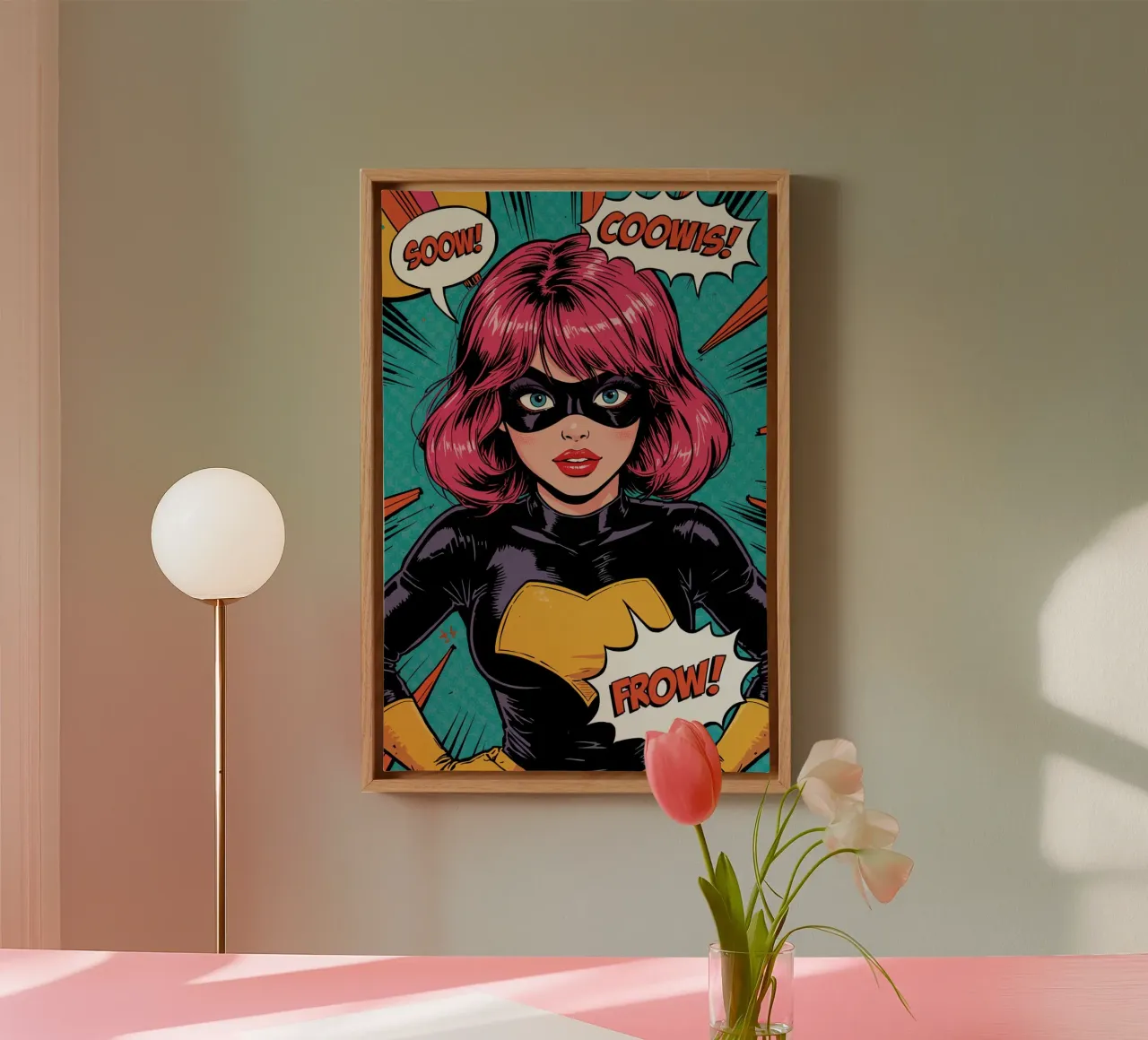 Vrouw in superheldenkostuum met tekstballonnen canvas met Baklijst van DesignDoodle