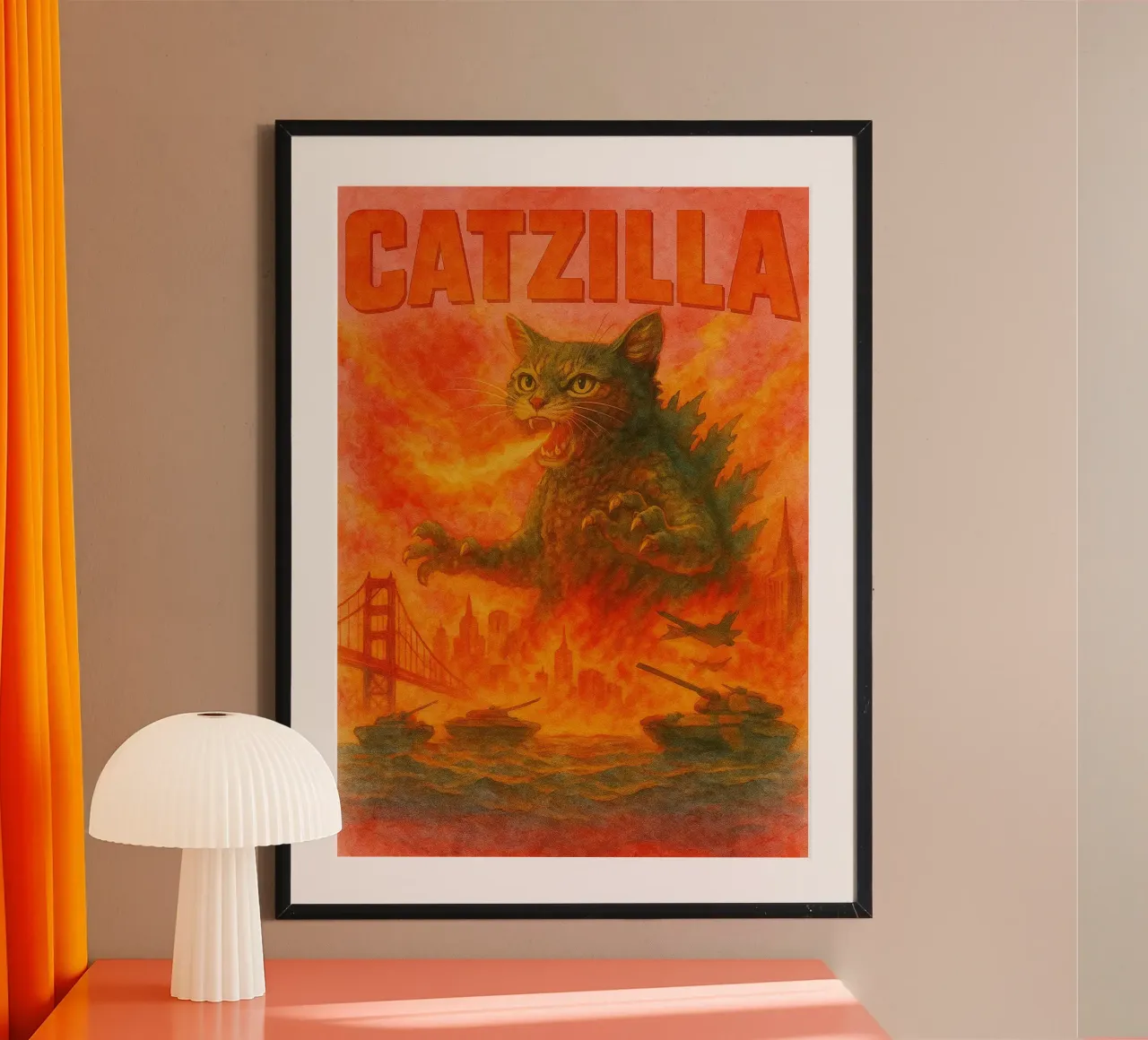 disegno parodia di Catzilla poster con telaio in legno da hexis