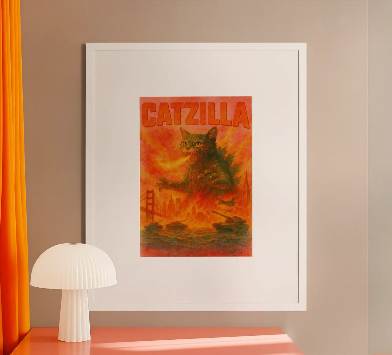 disegno parodia di Catzilla poster con telaio in legno da hexis
