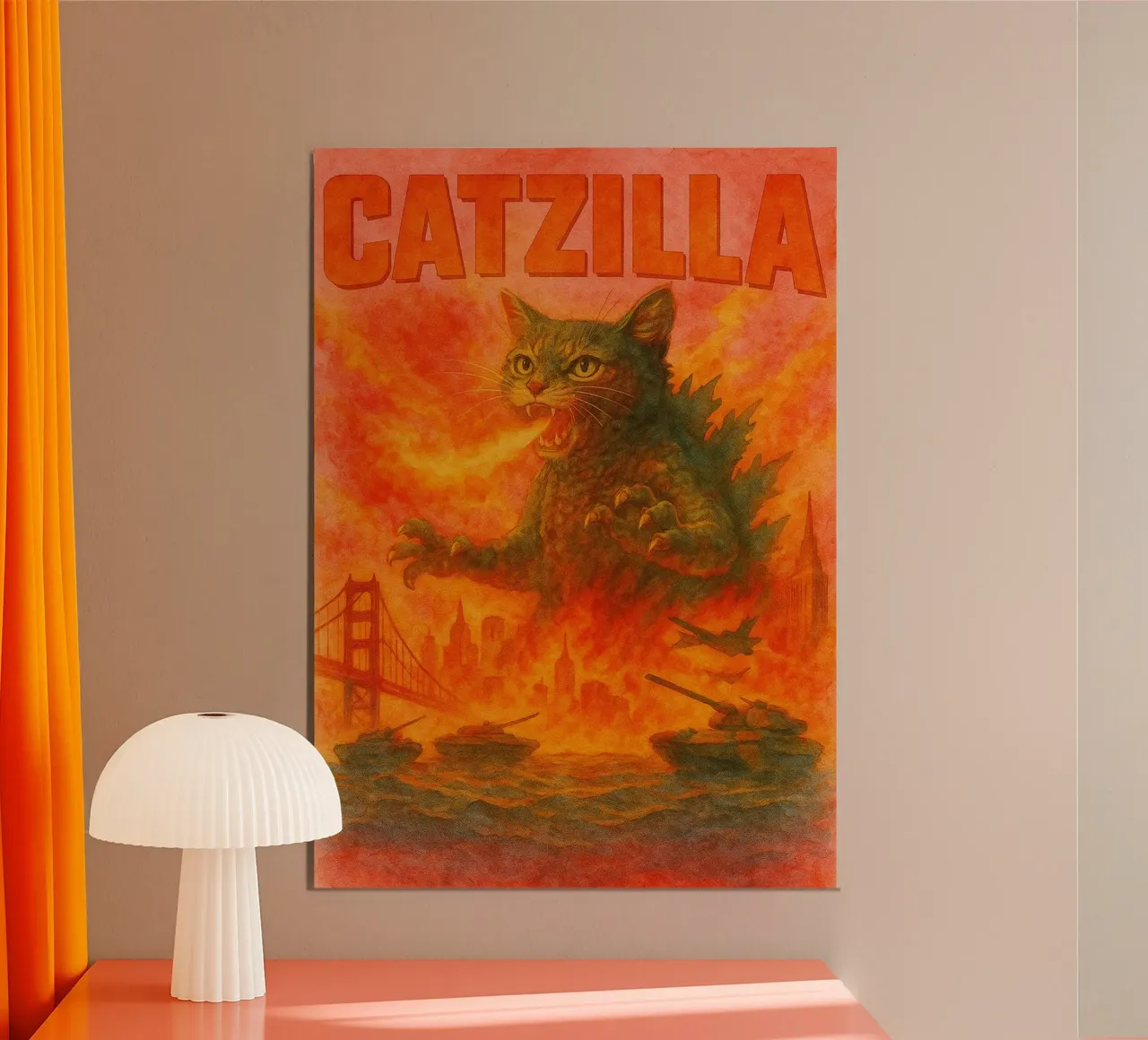 disegno parodia di Catzilla poster con telaio in legno da hexis