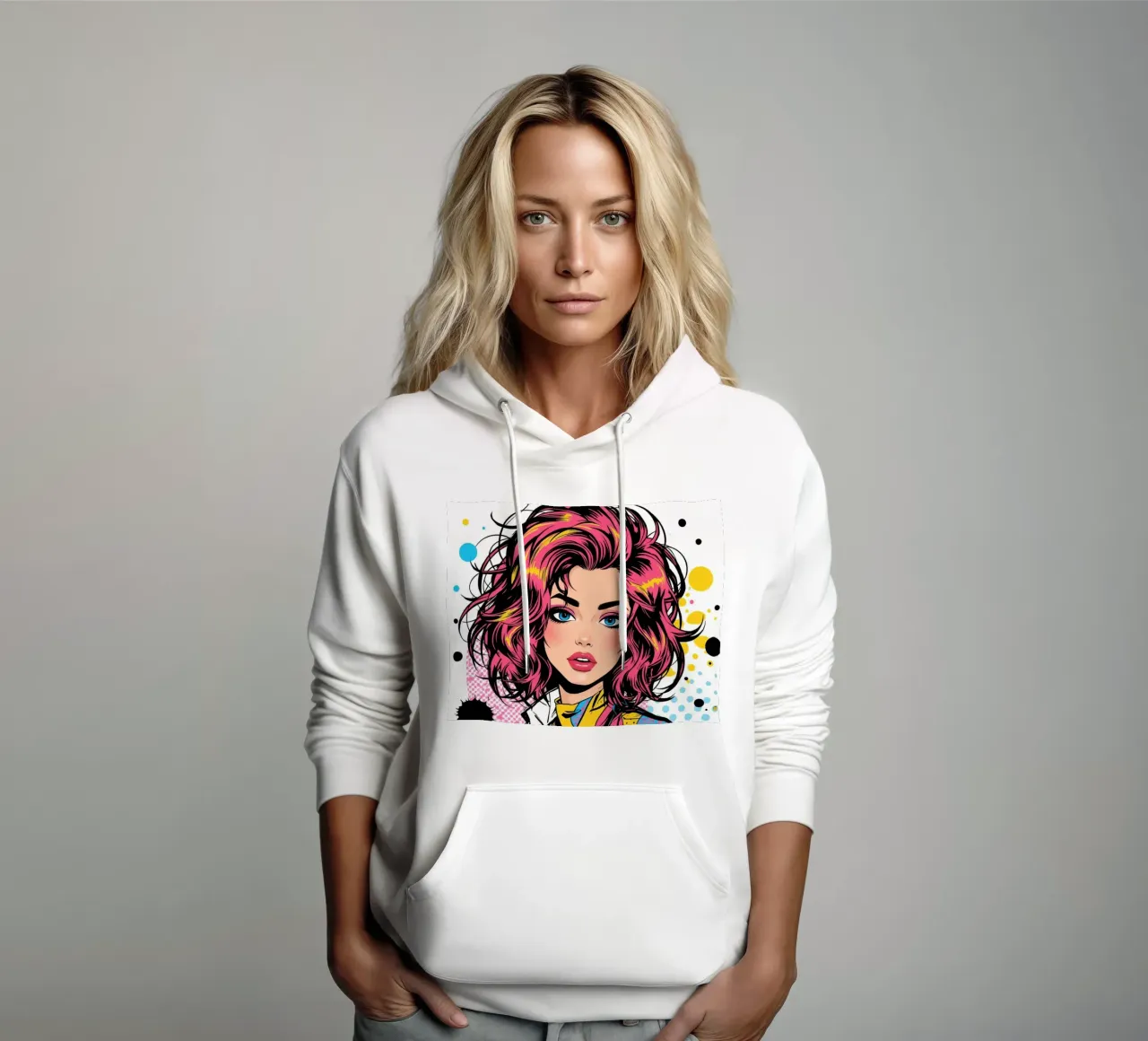 Donna con capelli e giacca colorati felpa con cappuccio da DesignDoodle