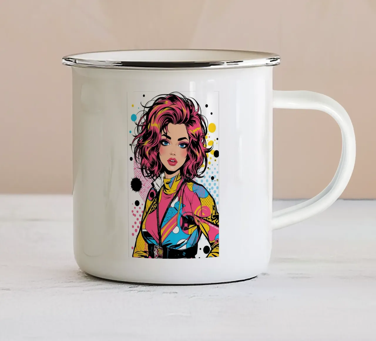 Donna con capelli e giacca colorati tazza in smalto da DesignDoodle