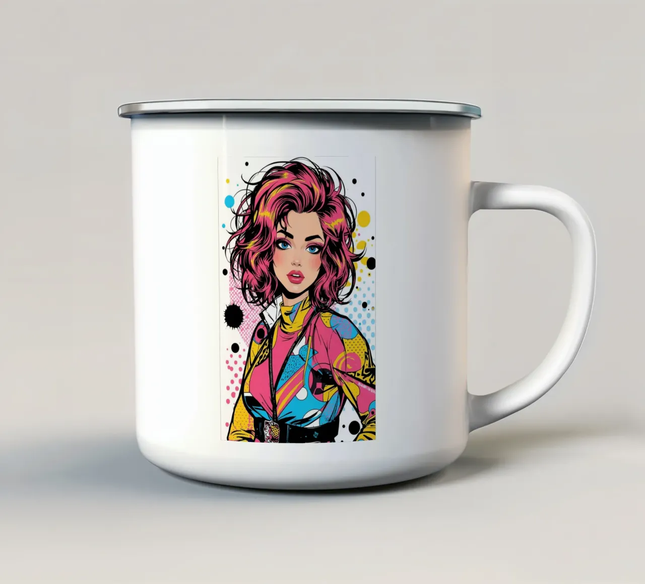 Donna con capelli e giacca colorati tazza in smalto da DesignDoodle