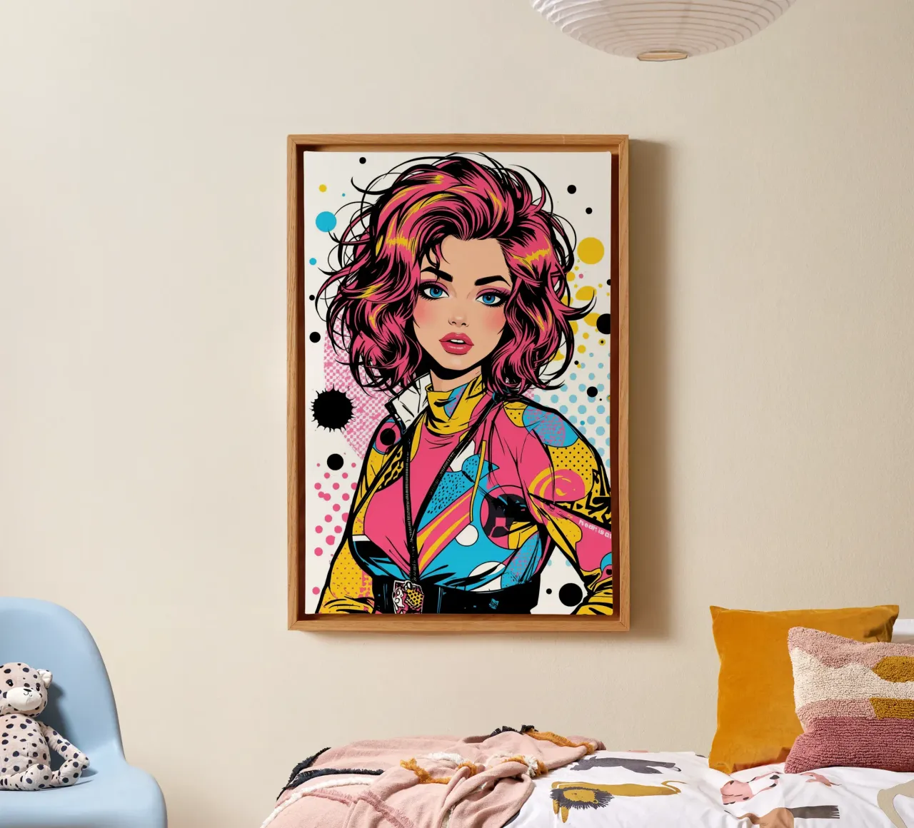 Donna con capelli e giacca colorati tela con Cornice a cassetta da DesignDoodle