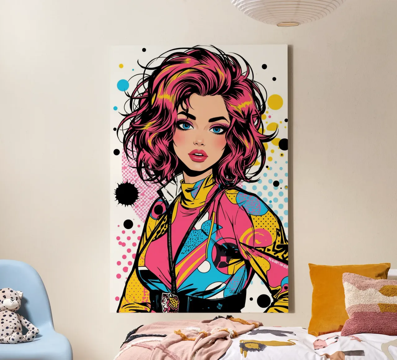 Donna con capelli e giacca colorati tela con Cornice a cassetta da DesignDoodle