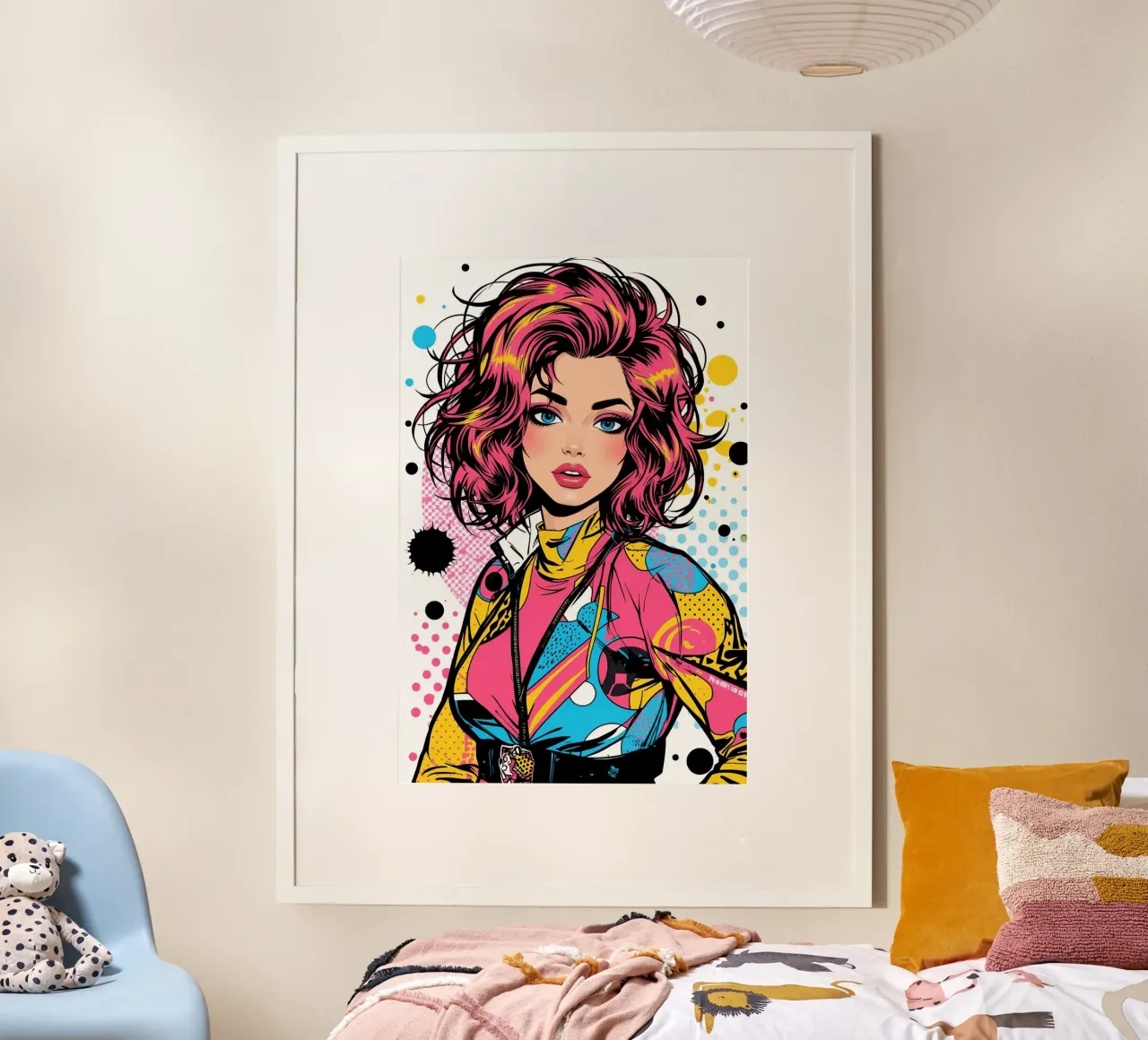 Donna con capelli e giacca colorati poster con telaio in alluminio da DesignDoodle