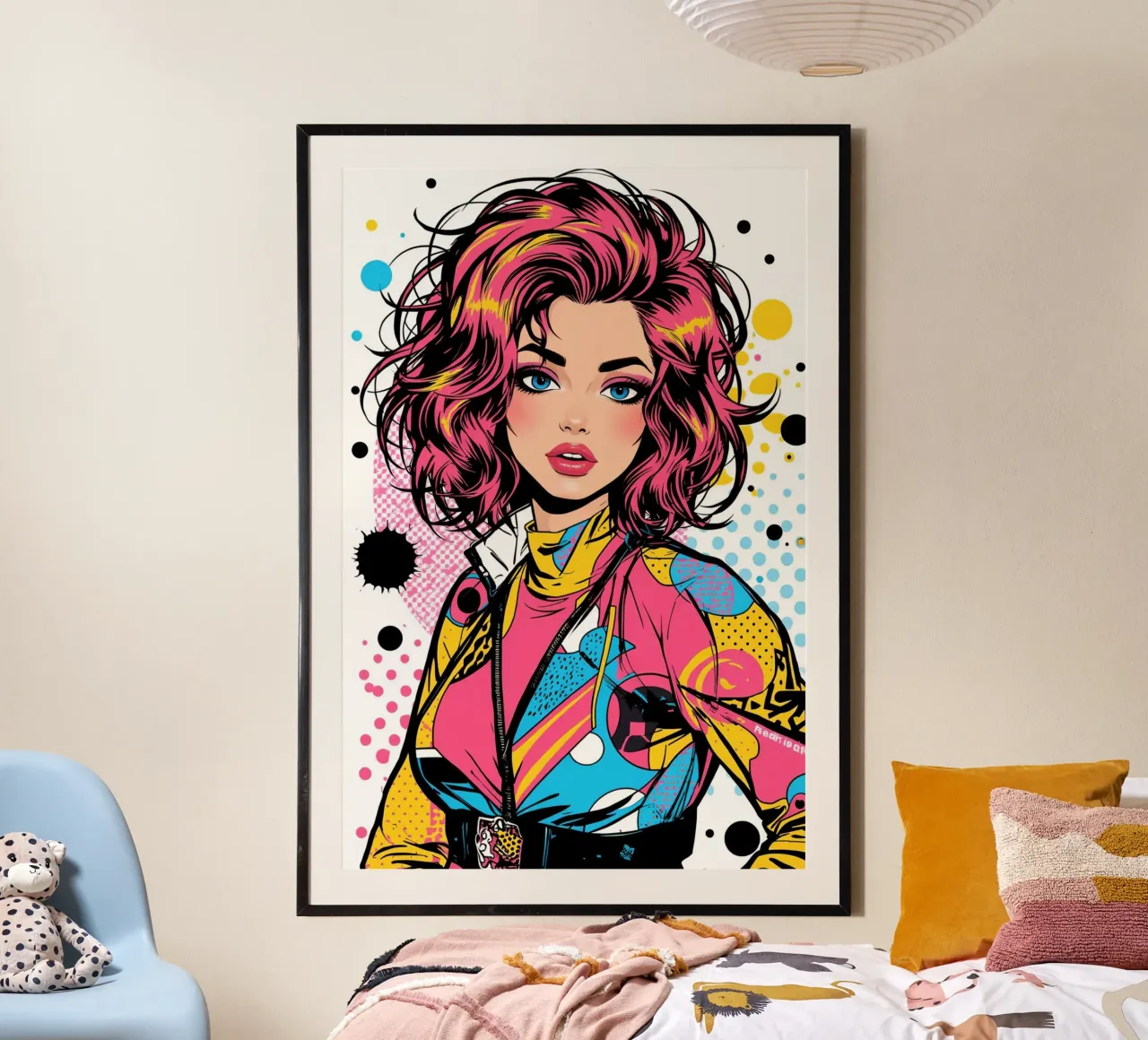 Donna con capelli e giacca colorati poster con telaio in alluminio da DesignDoodle