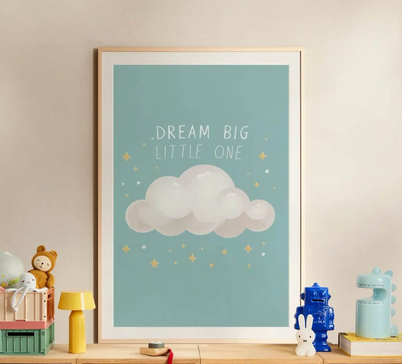 Sueña en grande pequeño con estrellas en forma de nube sobre fondo azul poster de DesignDoodle