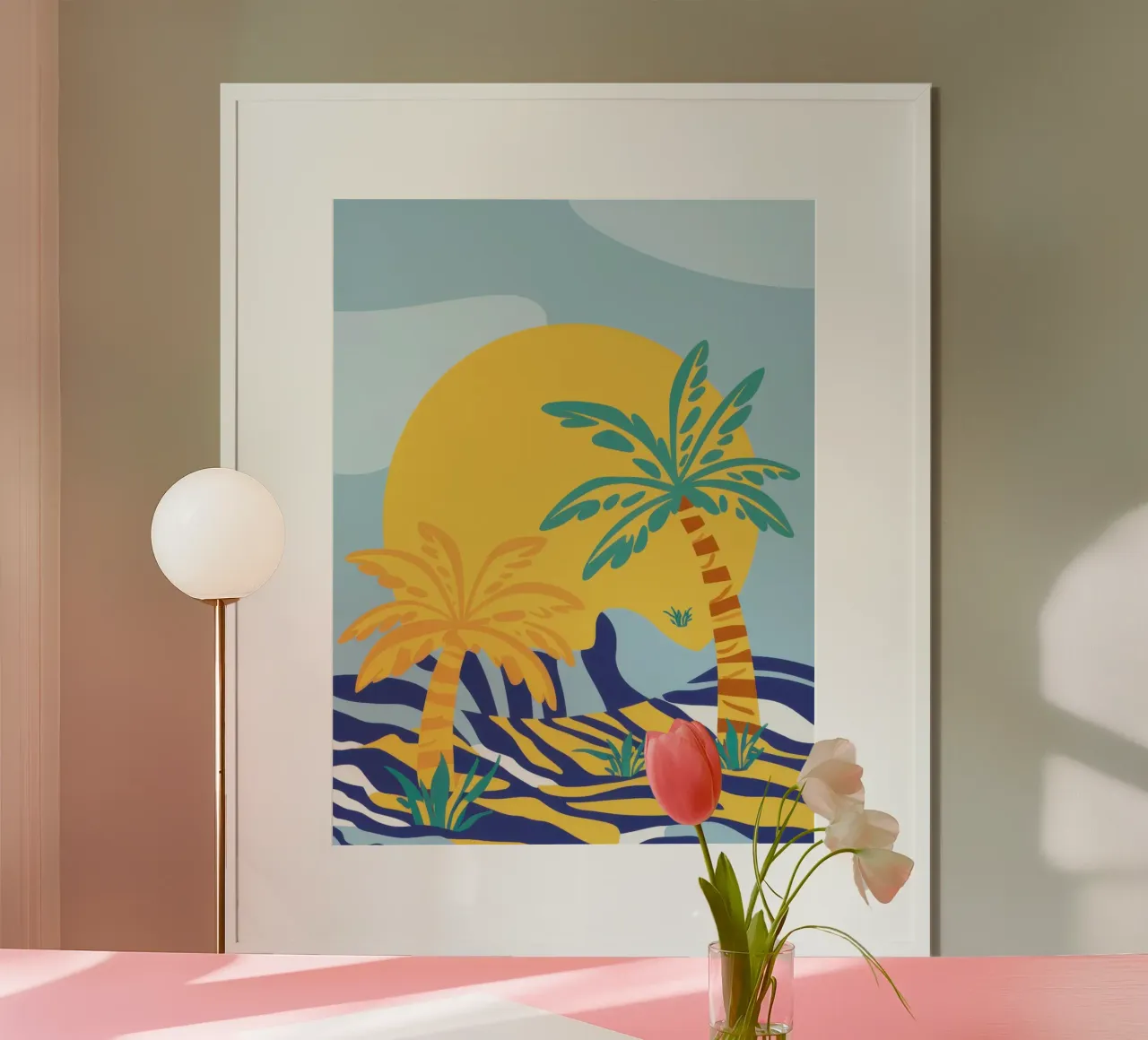 Abstracte palm zonsondergang poster met kunststof frame van Snow Mist