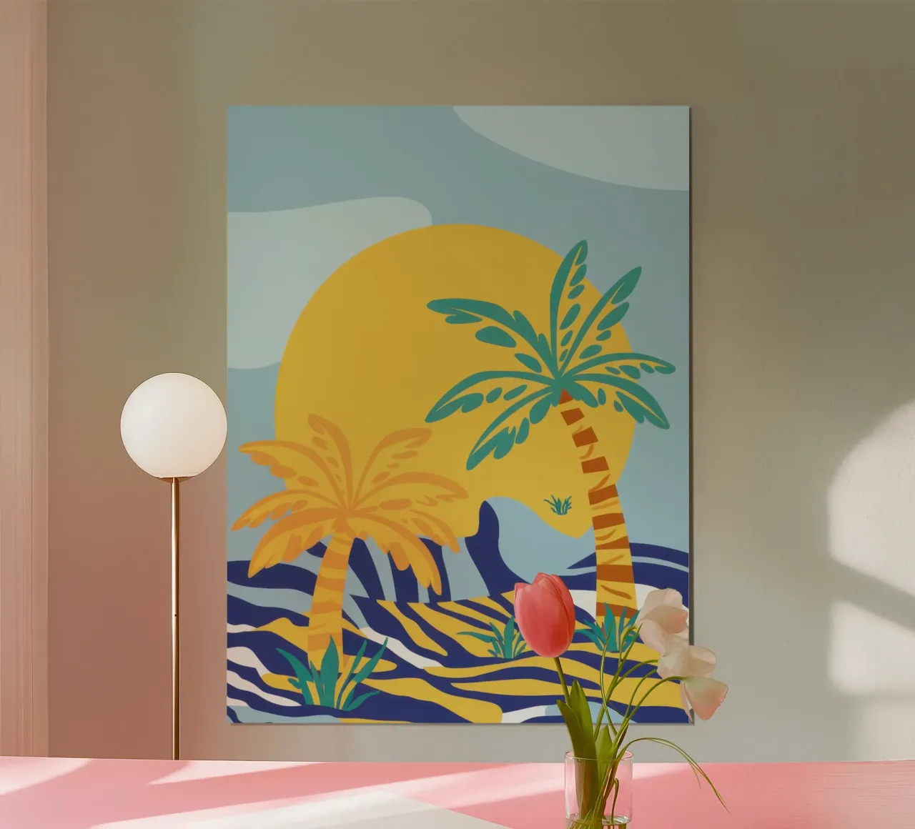 Abstracte palm zonsondergang poster met kunststof frame van Snow Mist