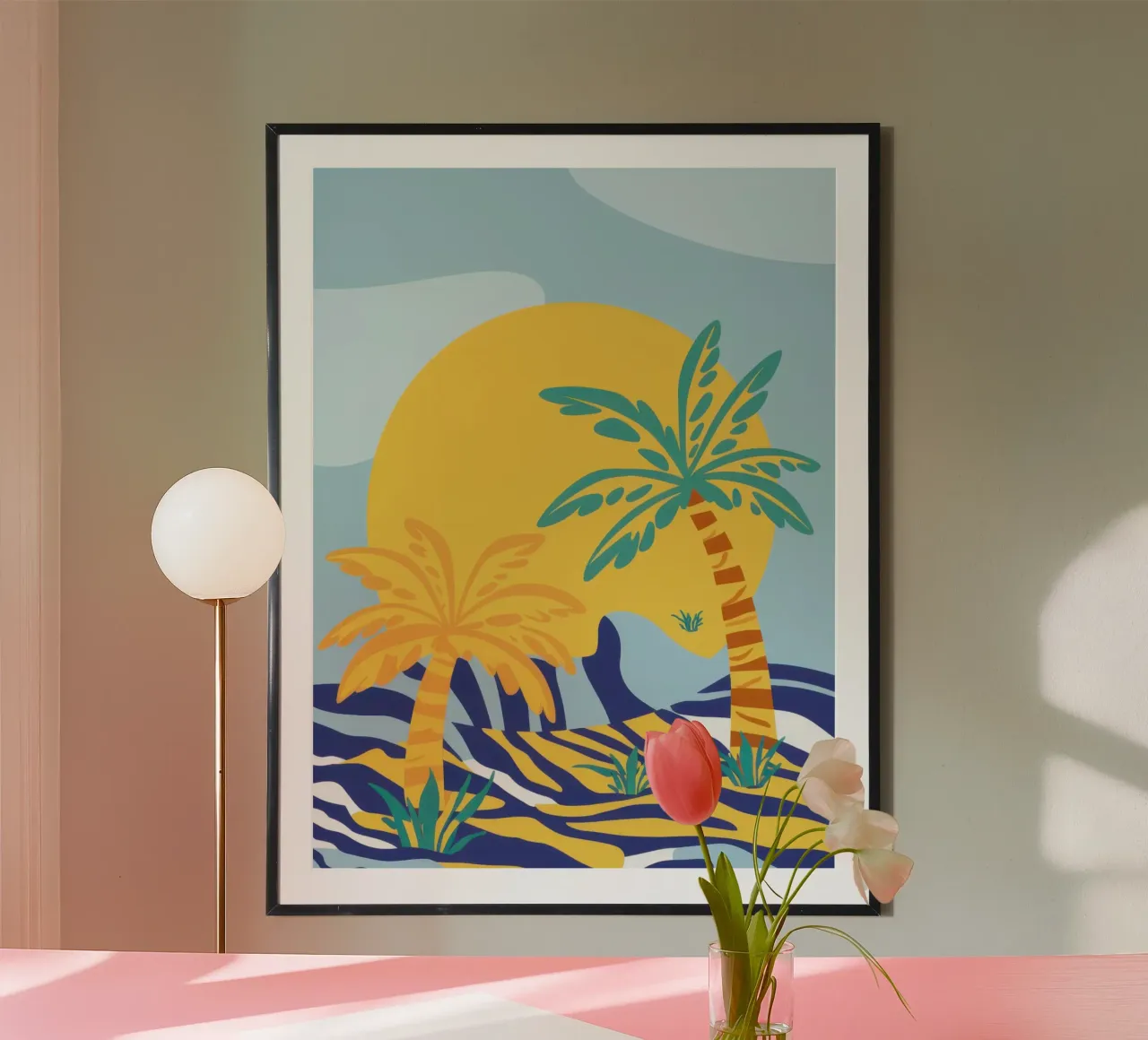 Abstracte palm zonsondergang poster met kunststof frame van Snow Mist
