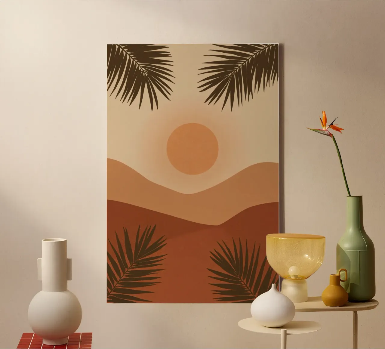 Colline di sole e foglie di palma tela con Cornice a cassetta da DesignDoodle