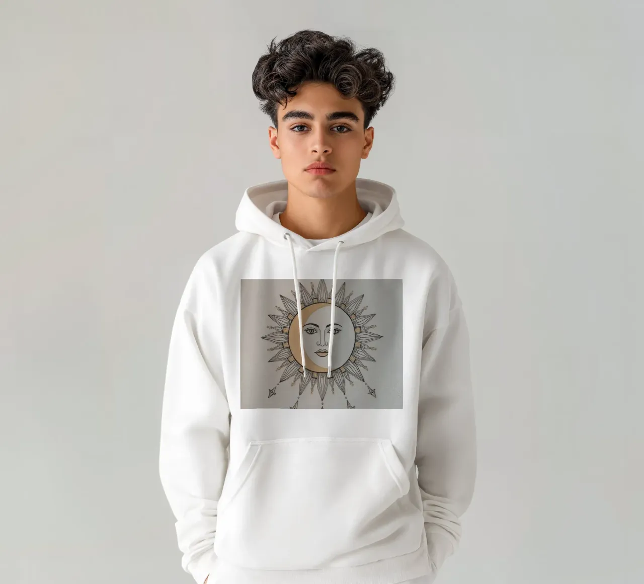 Sun-Moon Face with Stars on White Background felpa con cappuccio da DesignDoodle