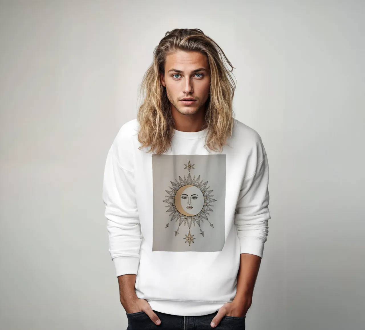 Sun-Moon Face with Stars on White Background felpa da DesignDoodle