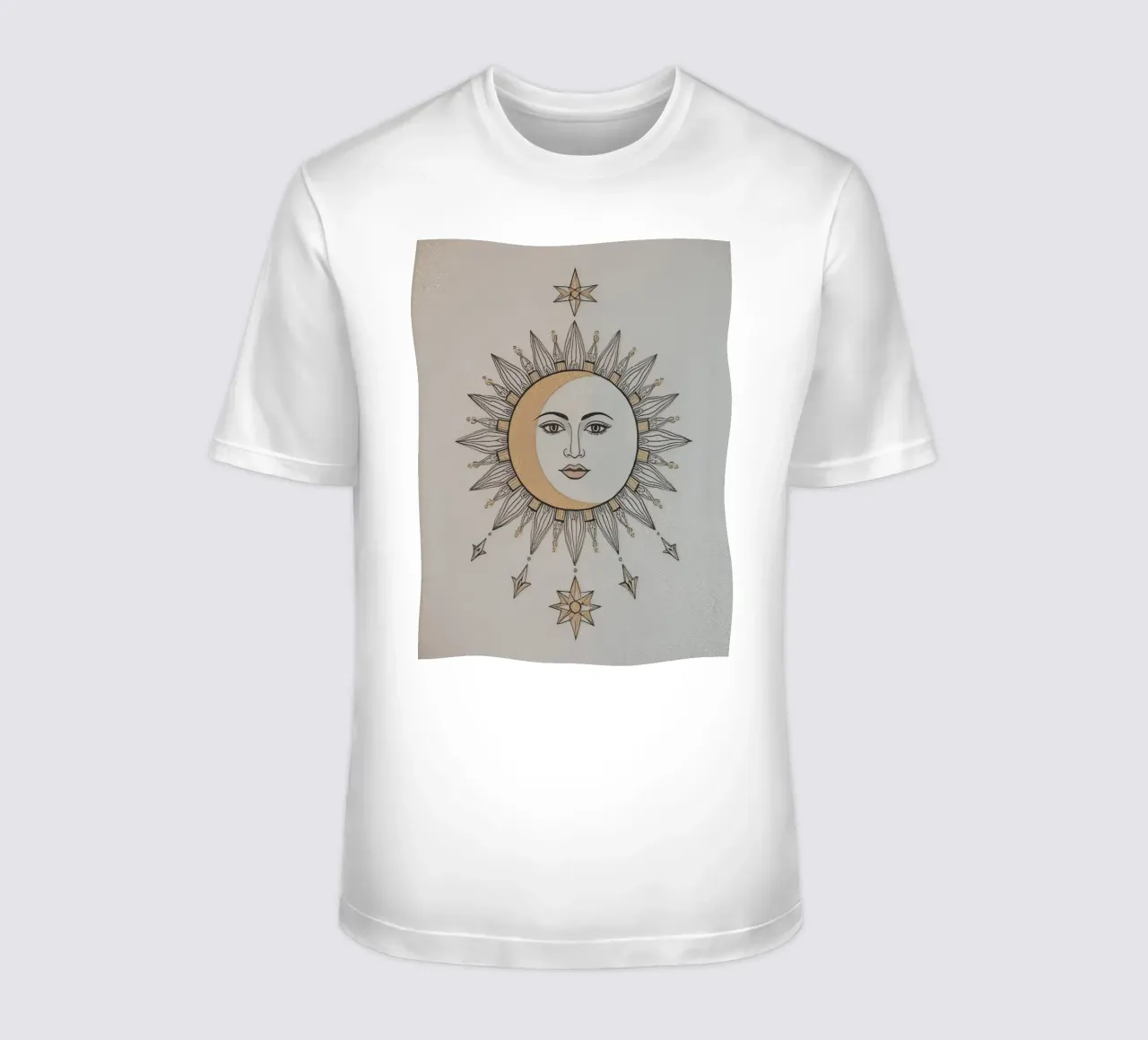 Sun-Moon Face with Stars on White Background t-shirt da DesignDoodle