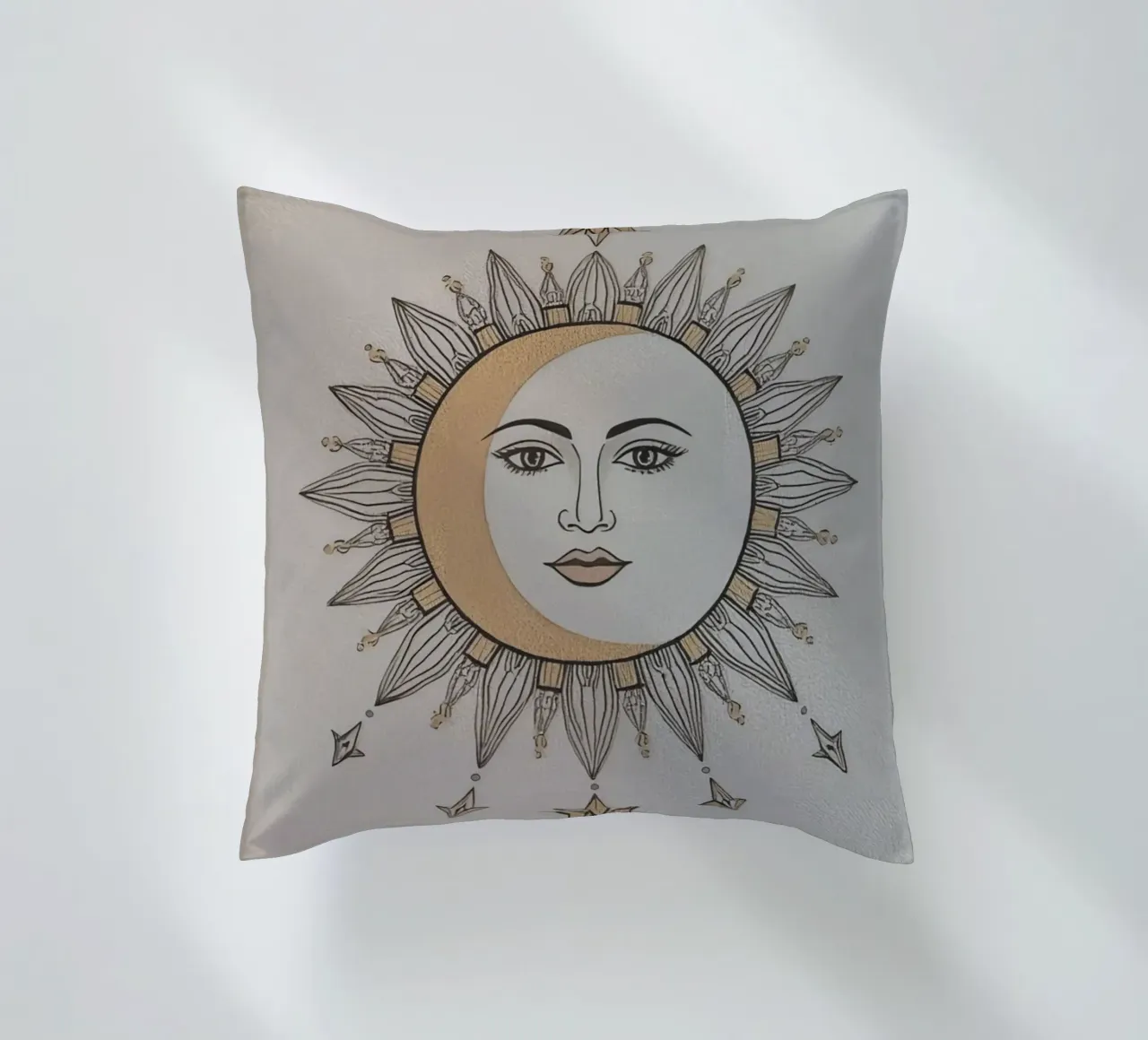 Sun-Moon Face with Stars on White Background cuscino da DesignDoodle