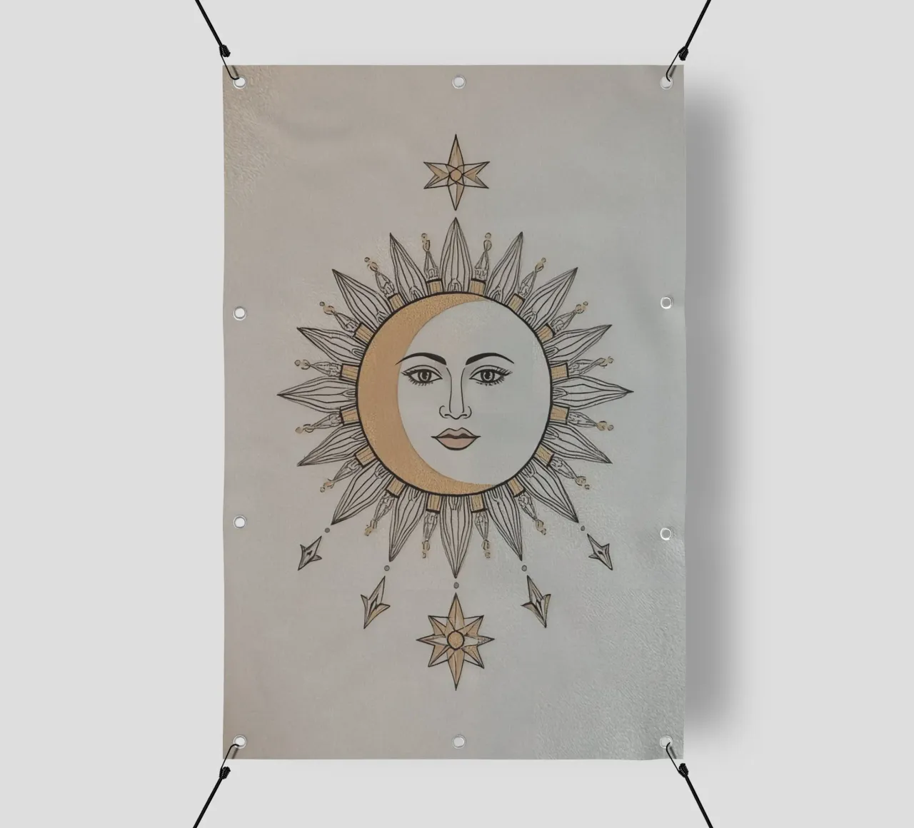 Sun-Moon Face with Stars on White Background telo in pvc da DesignDoodle