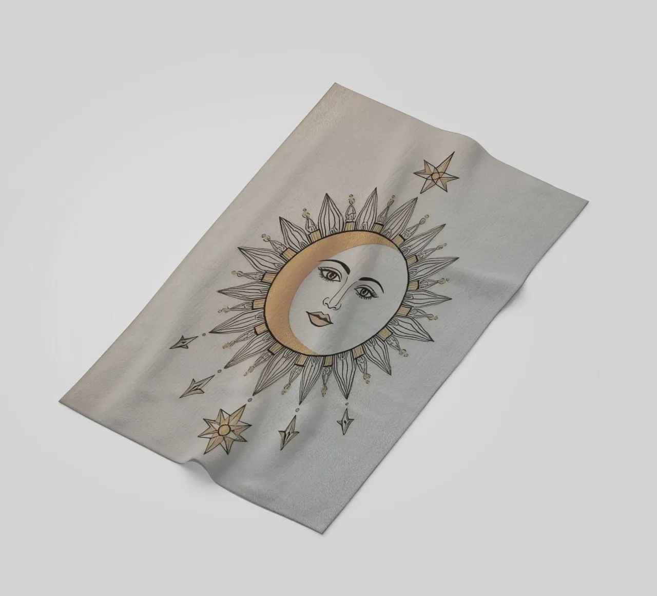 Sun-Moon Face with Stars on White Background telo mare da DesignDoodle