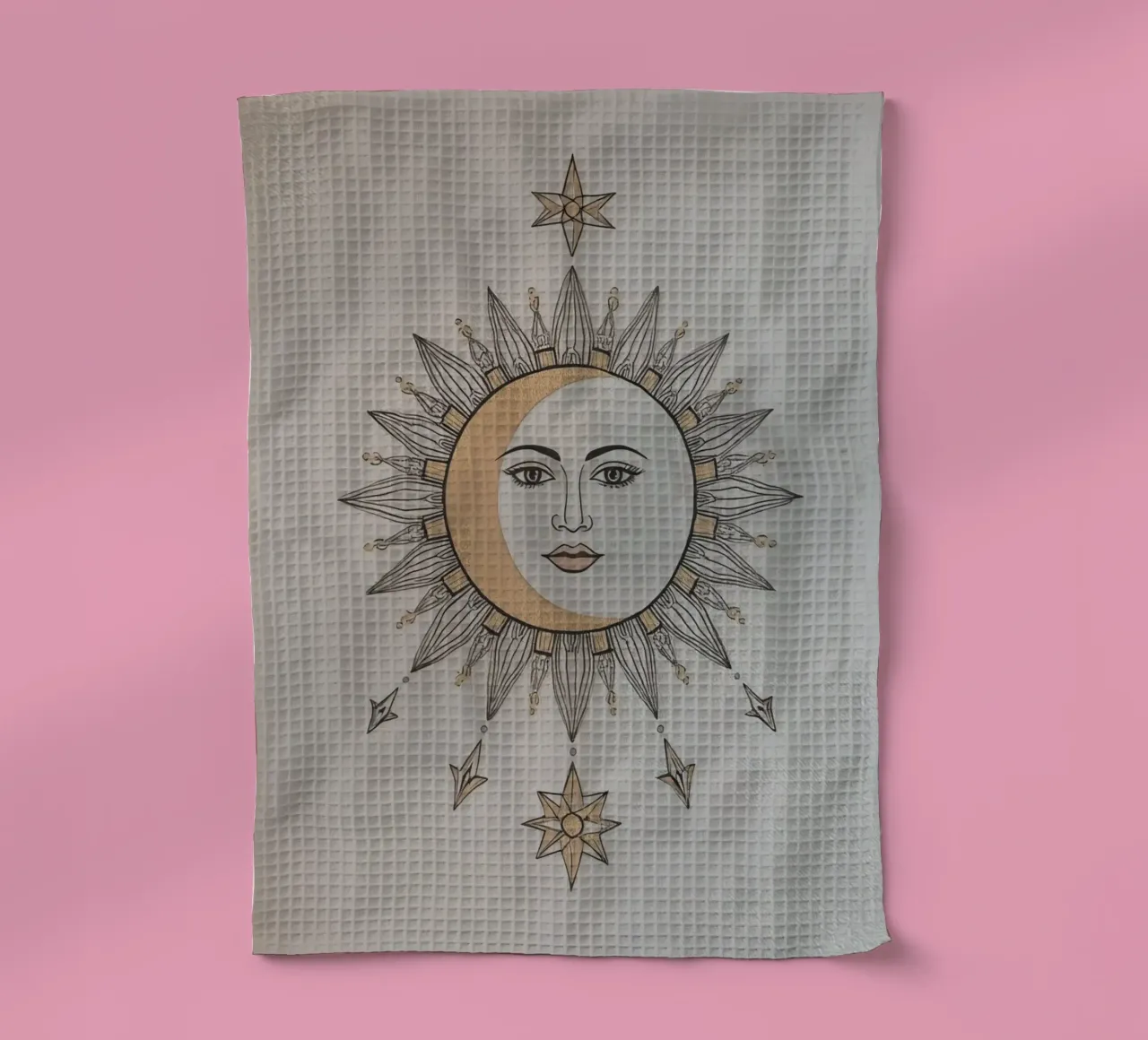 Sun-Moon Face with Stars on White Background canovaccio da cucina da DesignDoodle
