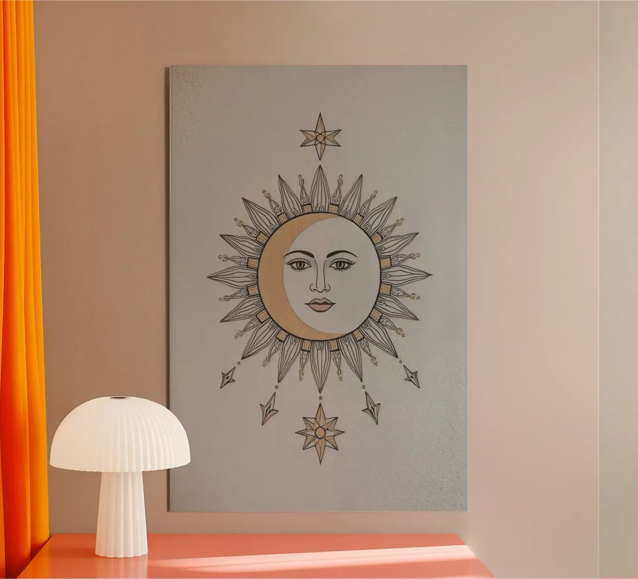 Sun-Moon Face with Stars on White Background alluminio dibond da DesignDoodle