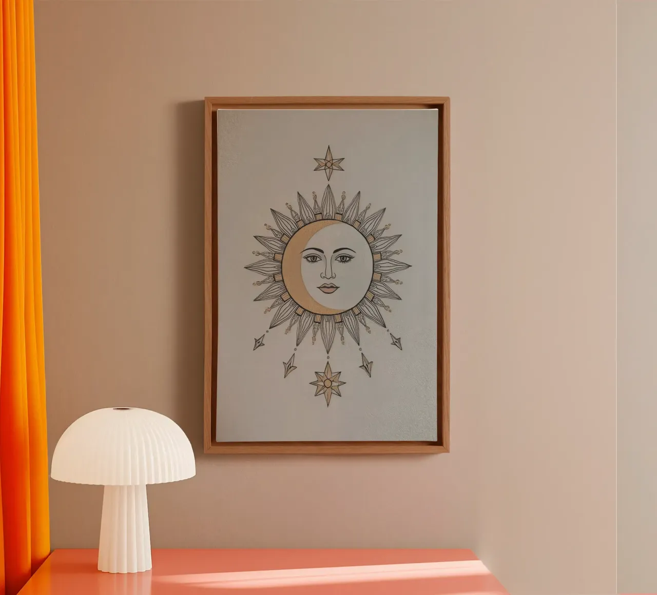 Sun-Moon Face with Stars on White Background tela con Cornice a cassetta da DesignDoodle