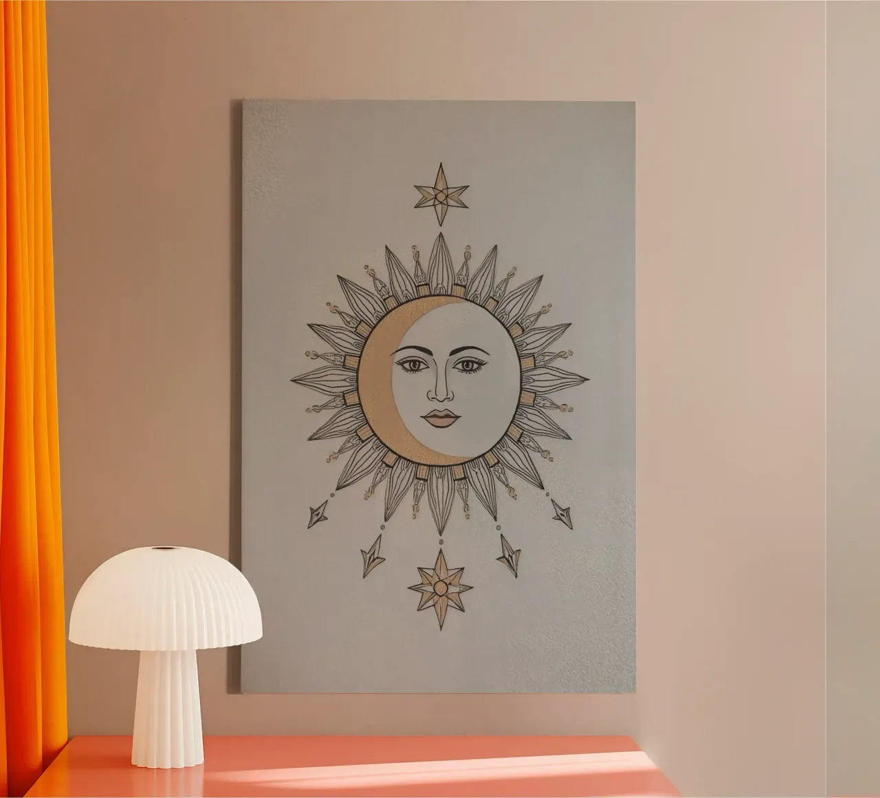 Sun-Moon Face with Stars on White Background tela con Cornice a cassetta da DesignDoodle