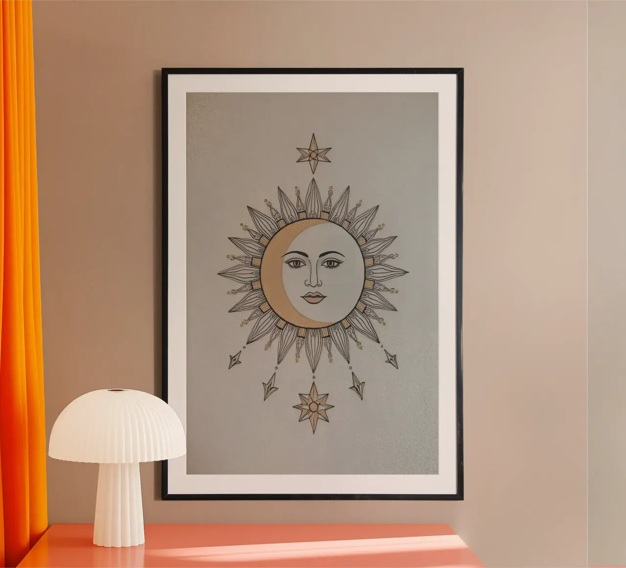 Sun-Moon Face with Stars on White Background poster da DesignDoodle