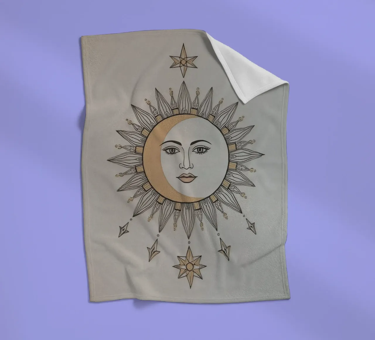 Sun-Moon Face with Stars on White Background coperta in pile da DesignDoodle
