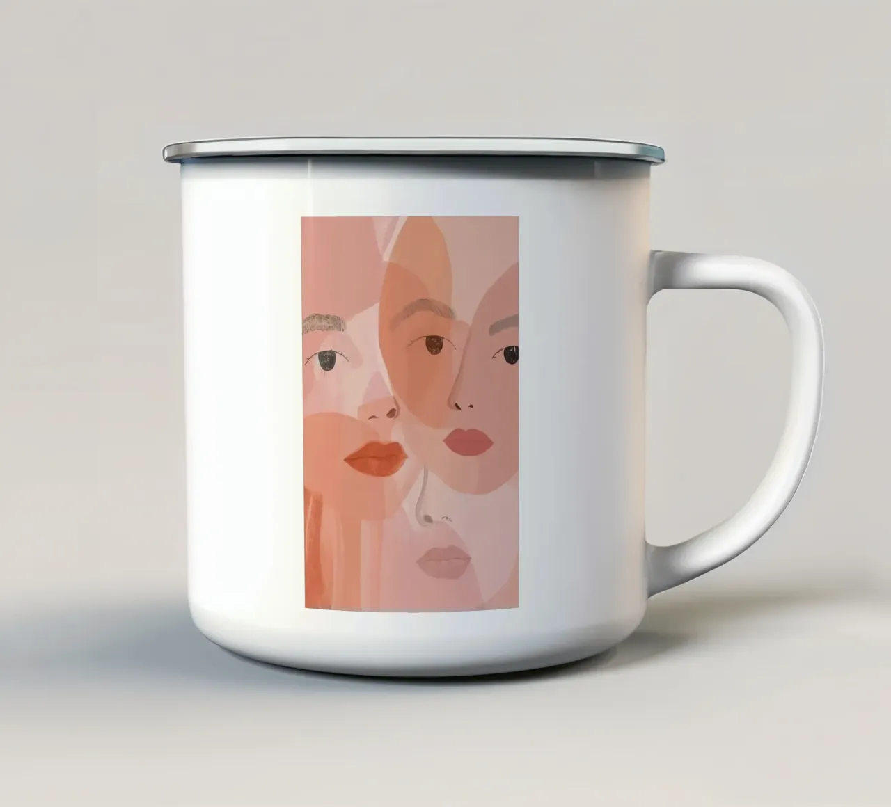 Tre volti sovrapposti in rosa e arancione tazza in smalto da DesignDoodle