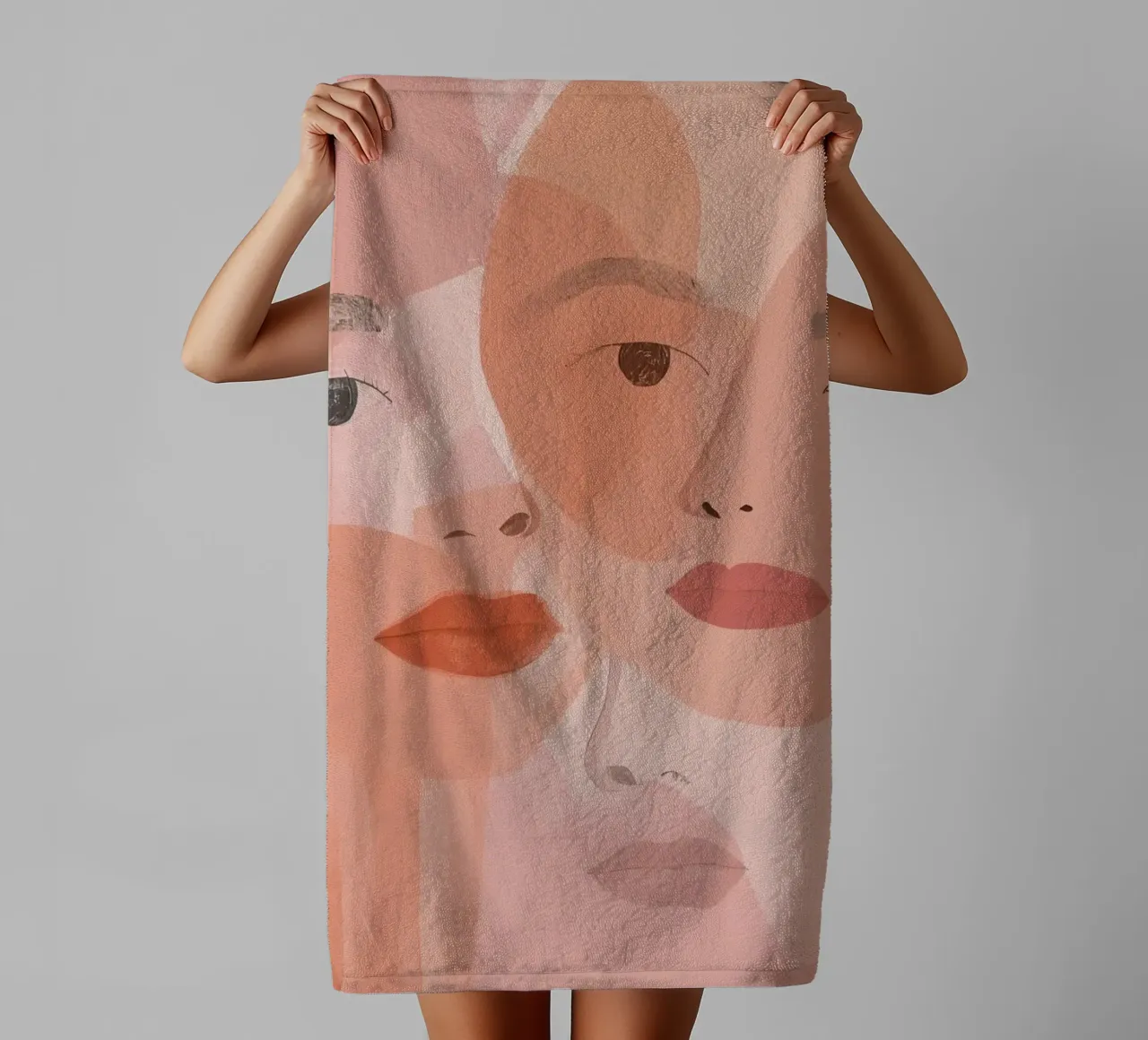 Three Overlapping Faces in Pink and Orange towel by DesignDoodle