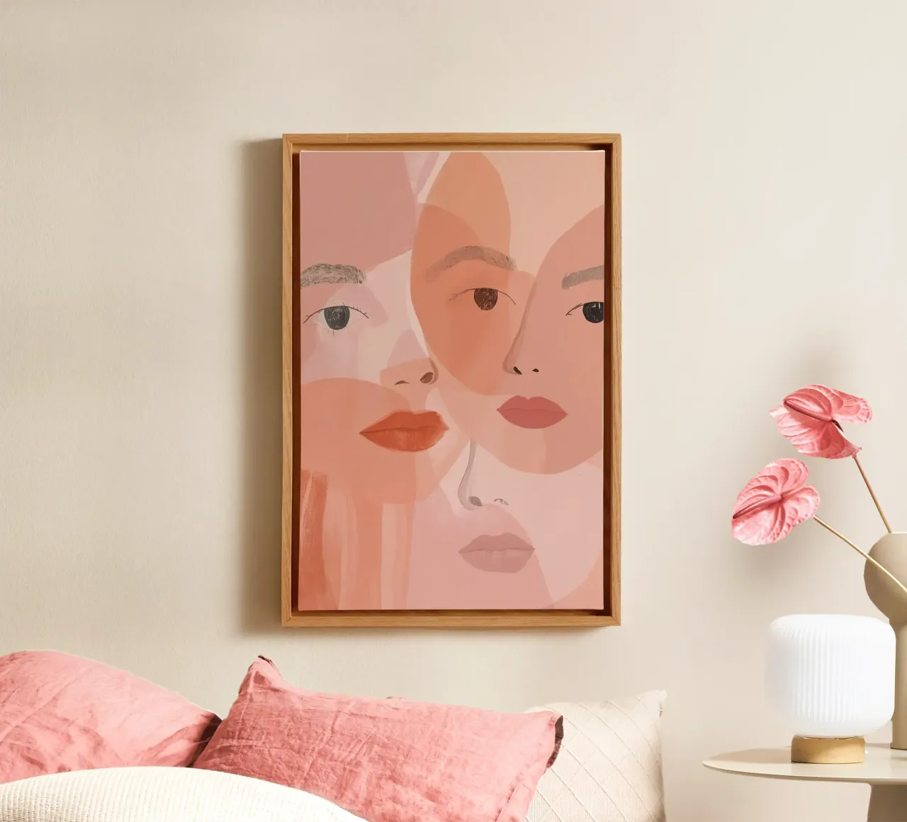 Tre volti sovrapposti in rosa e arancione tela con Cornice a cassetta da DesignDoodle