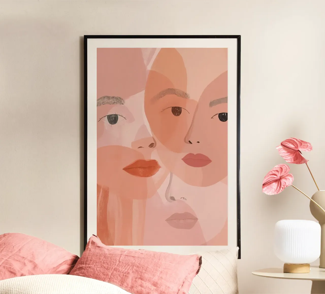 Tre volti sovrapposti in rosa e arancione poster da DesignDoodle