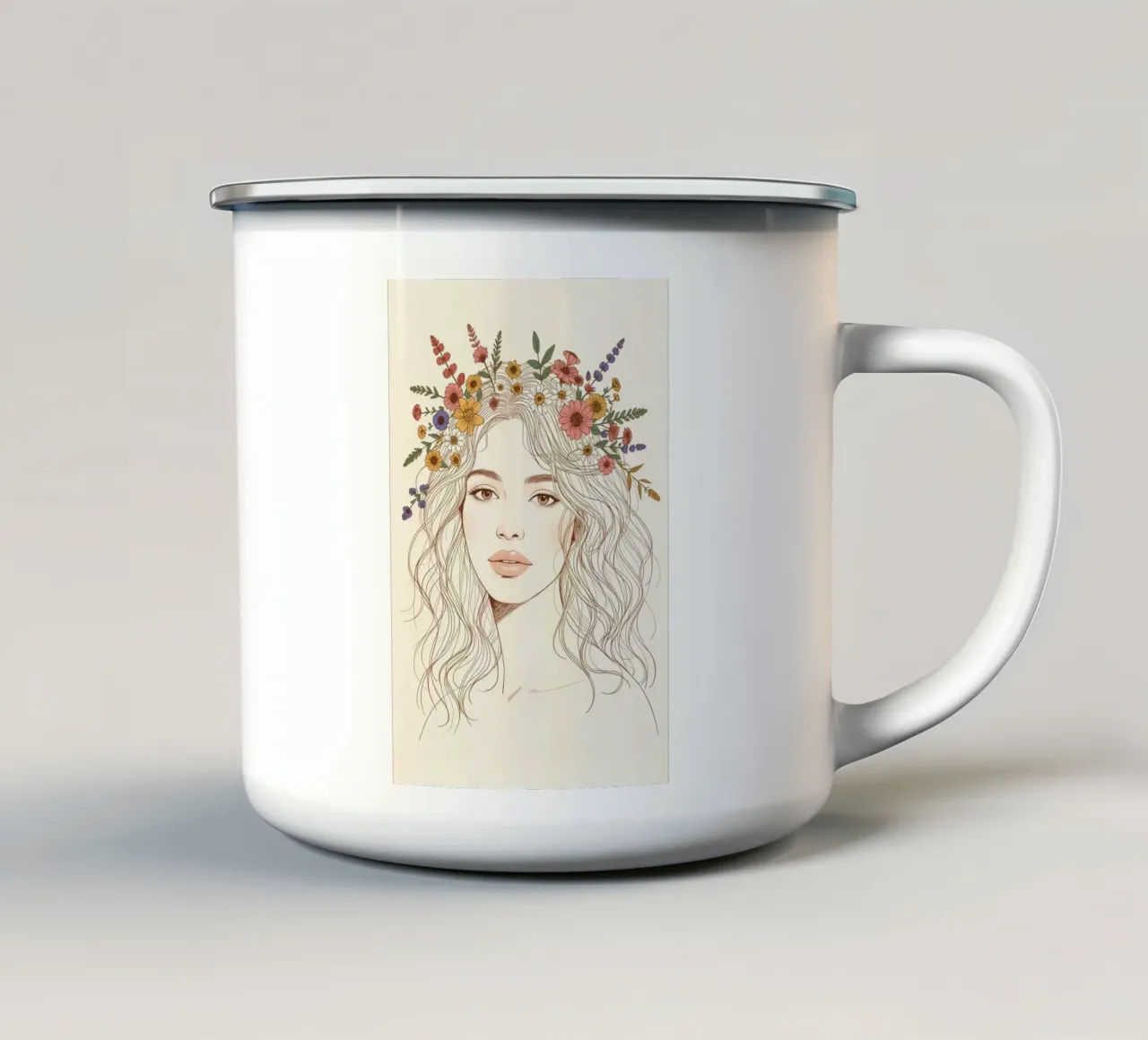 Donna con corona floreale tazza in smalto da DesignDoodle