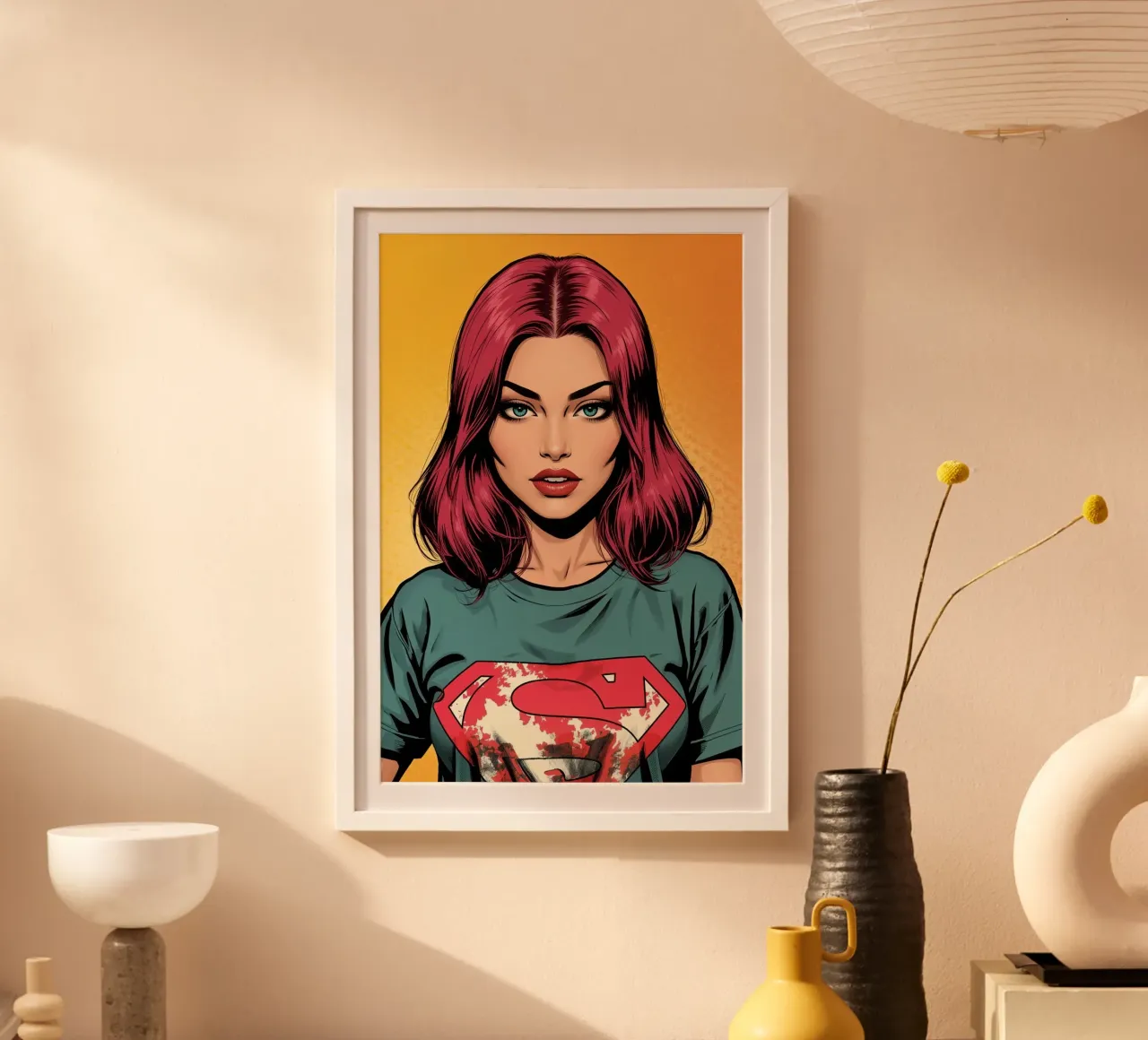 Illustrazione di donna con capelli rossi e maglietta da supereroe poster con telaio in plastica da DesignDoodle