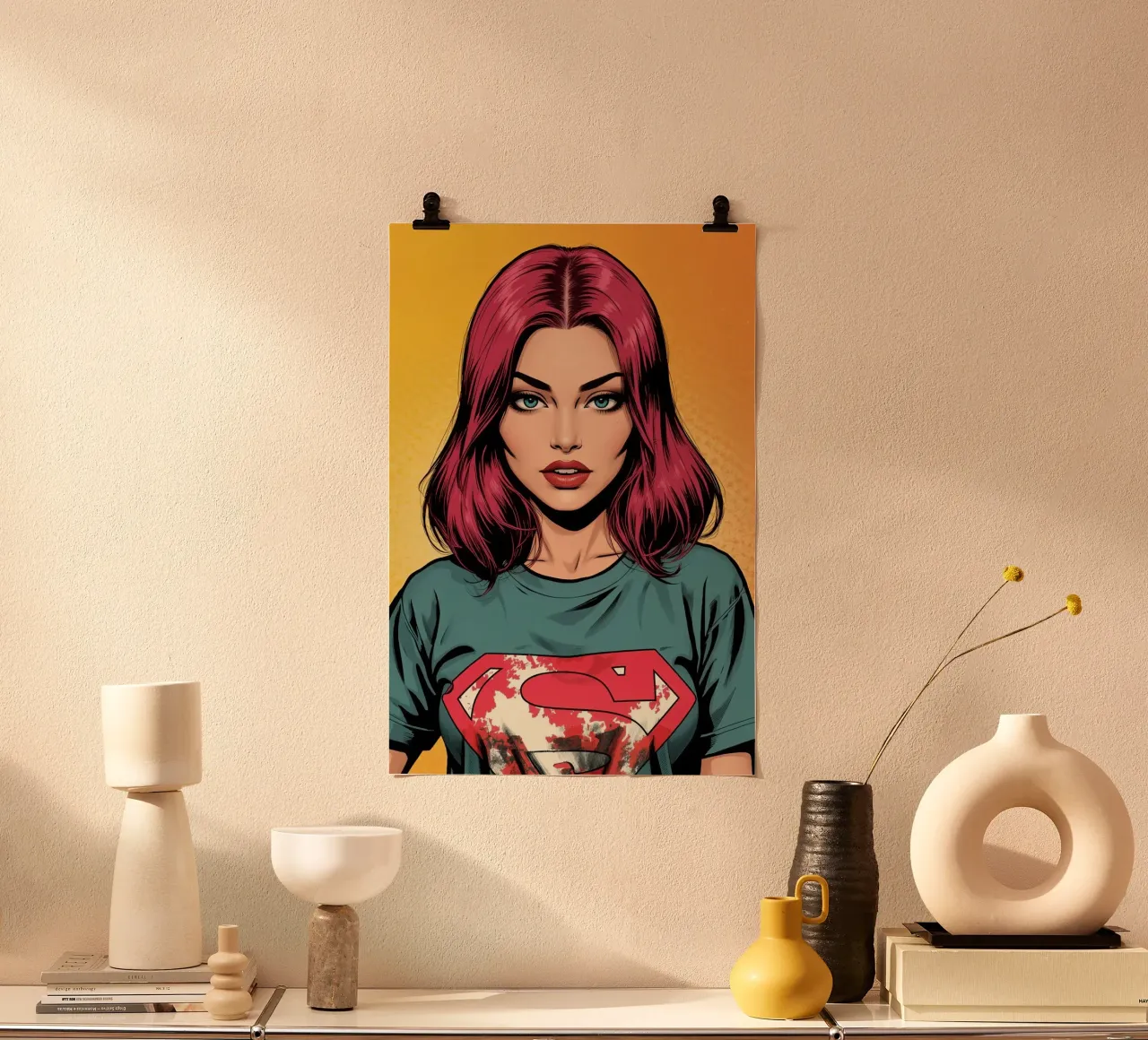 Illustrazione di donna con capelli rossi e maglietta da supereroe poster con telaio in plastica da DesignDoodle