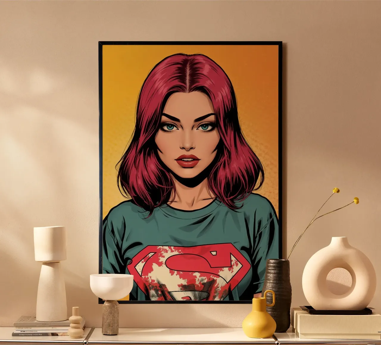 Illustrazione di donna con capelli rossi e maglietta da supereroe poster con telaio in plastica da DesignDoodle