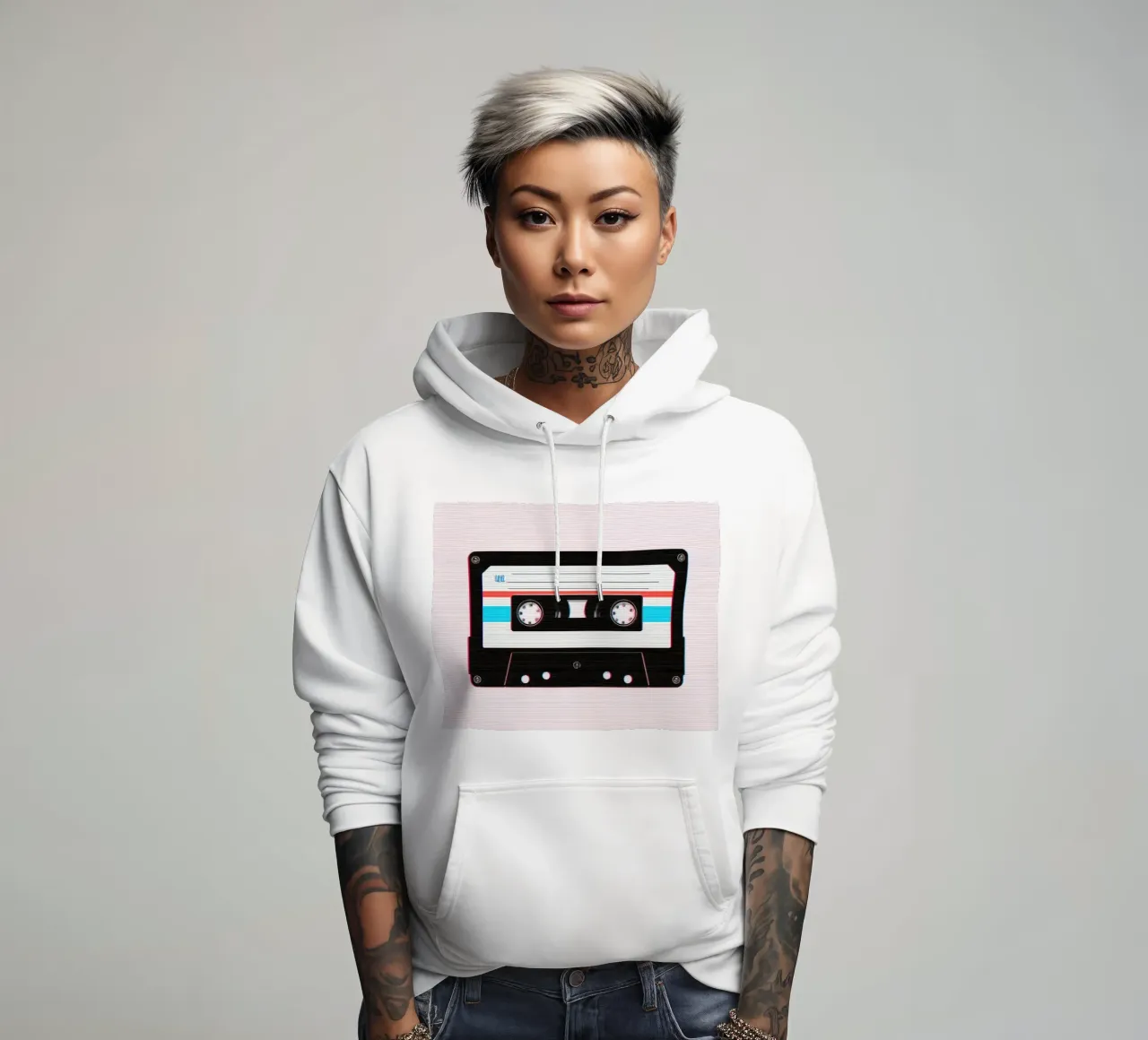 Nastro a cassetta con effetto glitch su sfondo a righe felpa con cappuccio da DesignDoodle