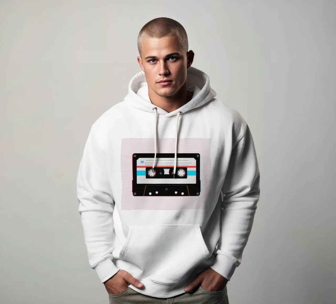 Nastro a cassetta con effetto glitch su sfondo a righe felpa con cappuccio da DesignDoodle