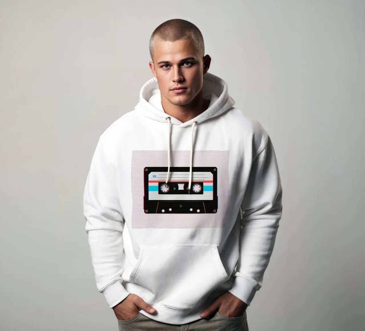 Nastro a cassetta con effetto glitch su sfondo a righe felpa con cappuccio da DesignDoodle
