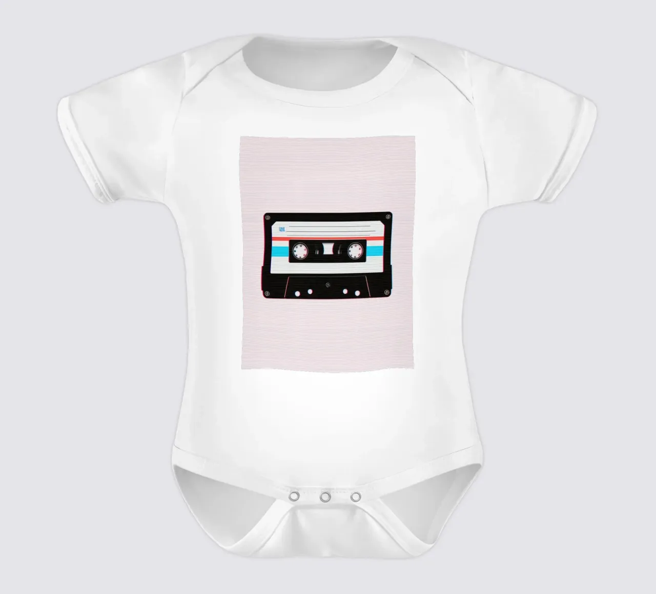 Cassette Tape with Glitch Effect on Striped Background short-sleeve baby romper by DesignDoodle