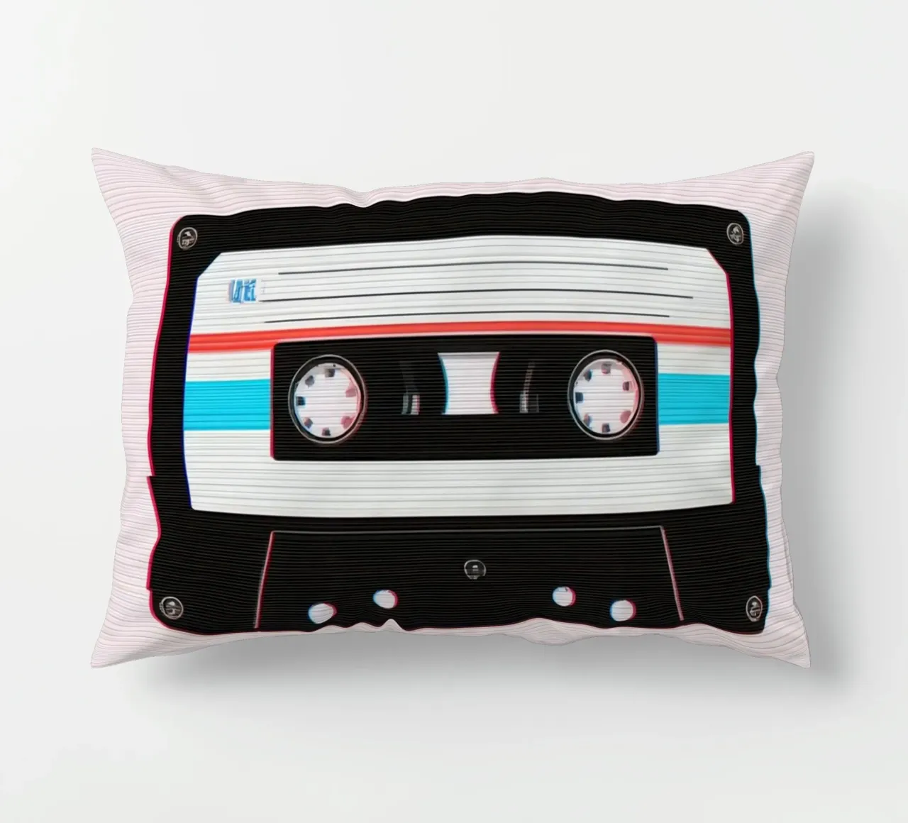 Nastro a cassetta con effetto glitch su sfondo a righe cuscino da DesignDoodle